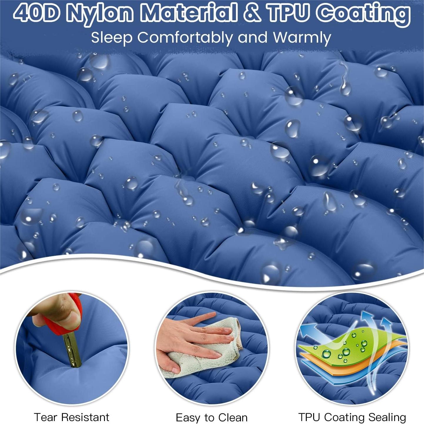 Double Camping Sleeping Pad, 4" Extra Thick Camping Sleeping Mat for 2 with Air Pillow/Foot Pump, Waterproof Double Camping Inflatable Mat Blue Inflatable Pad for Backpacking Hiking Traveling Tent