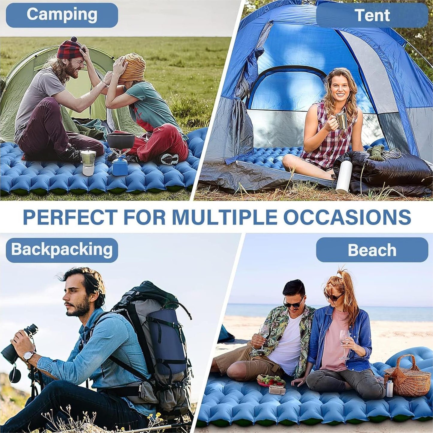 Double Camping Sleeping Pad, 4" Extra Thick Camping Sleeping Mat for 2 with Air Pillow/Foot Pump, Waterproof Double Camping Inflatable Mat Blue Inflatable Pad for Backpacking Hiking Traveling Tent