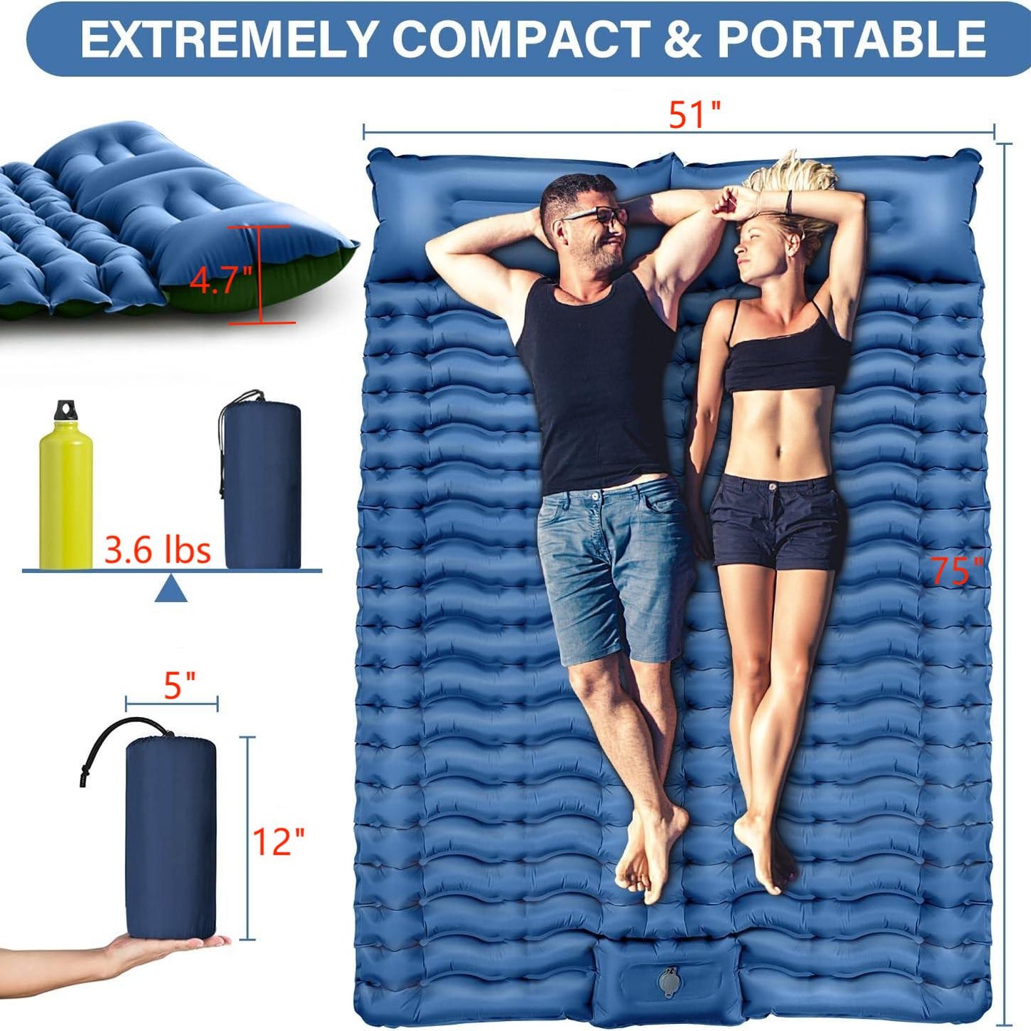 Double Camping Sleeping Pad, 4" Extra Thick Camping Sleeping Mat for 2 with Air Pillow/Foot Pump, Waterproof Double Camping Inflatable Mat Blue Inflatable Pad for Backpacking Hiking Traveling Tent