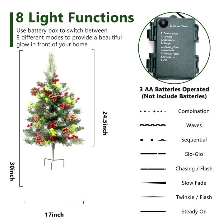 2 Set Pathway Christmas Trees 24.5in with Tripod Stake, Artificial Mini Xmas Trees with Lights, 12 PineCones & 24 Berries, Pre-Lit Holiday Outdoor Christmas Decorations for Porch Driveway Yard Garden