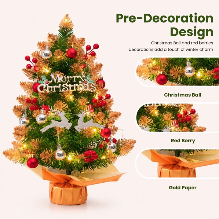 Mini Christmas Tree with Lights, Battery Operated 18 inch Small Artificial Table Top Christmas Tree Decoration with Red Berries, Ball Ornaments, Deer Ornaments DIY Holiday Home Office Indoor Decor