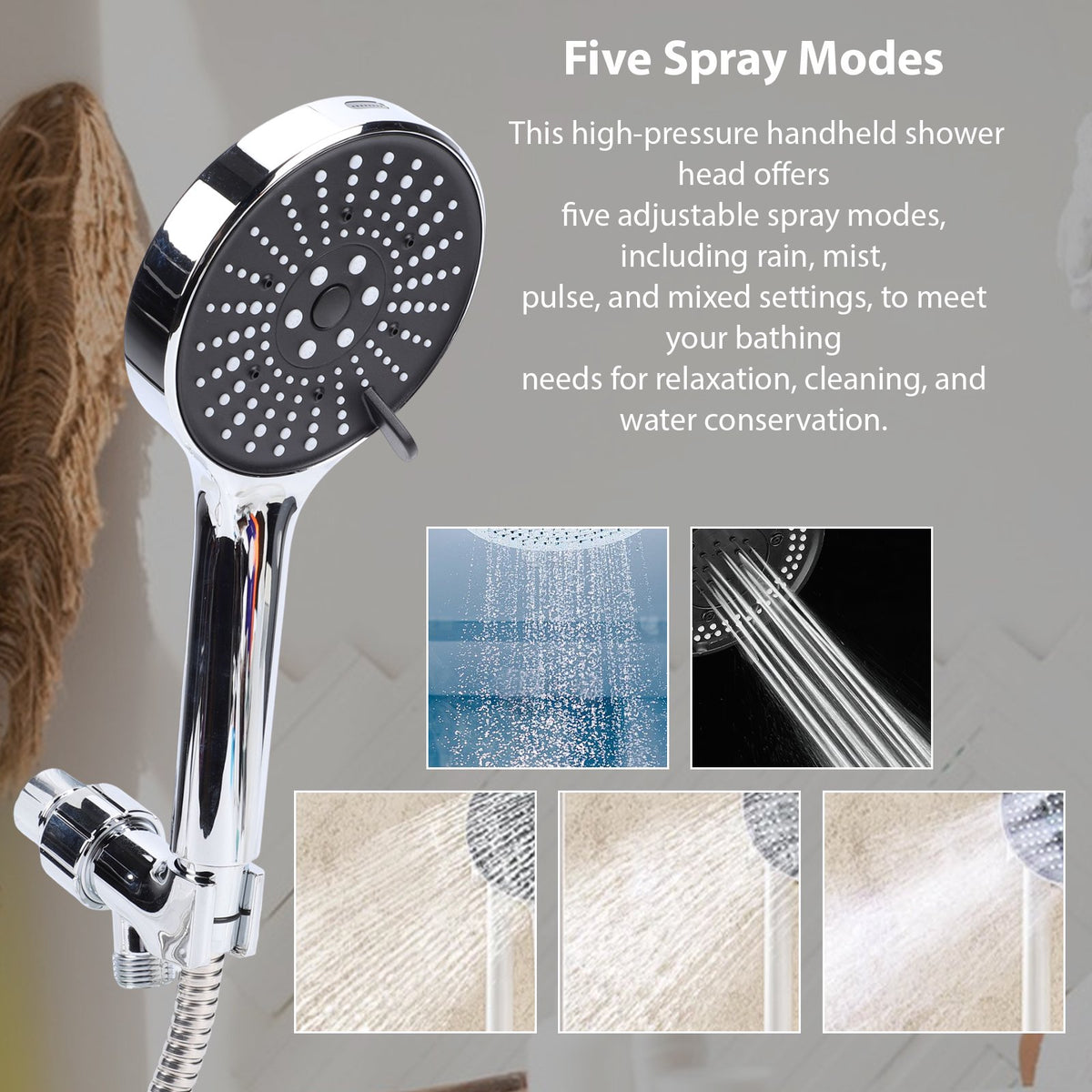 Handheld Shower Head, 6-Setting Detachable Shower Head with Filter, High Pressure Shower Head with Hose 59 inch Stainless Steel and Adjustable Bracket for Bathroom