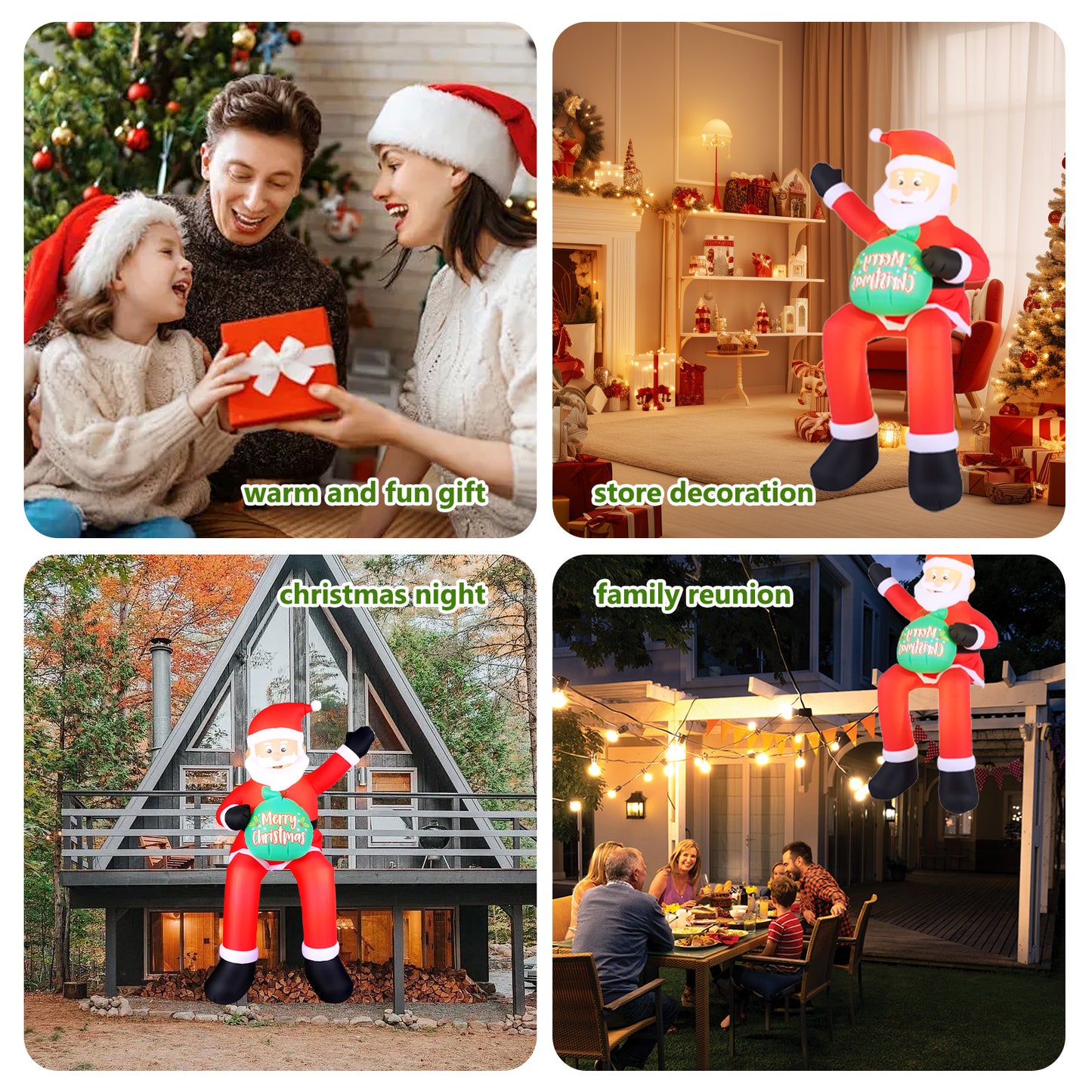 6 FT Christmas Inflatable Santa Claus with LED Lights, Blow Up Sitting Santa Claus with Gift Bag, Climbing Santa Carrying Present Sack Sitting On Roof, Xmas Yard Patio Bench Shrubs