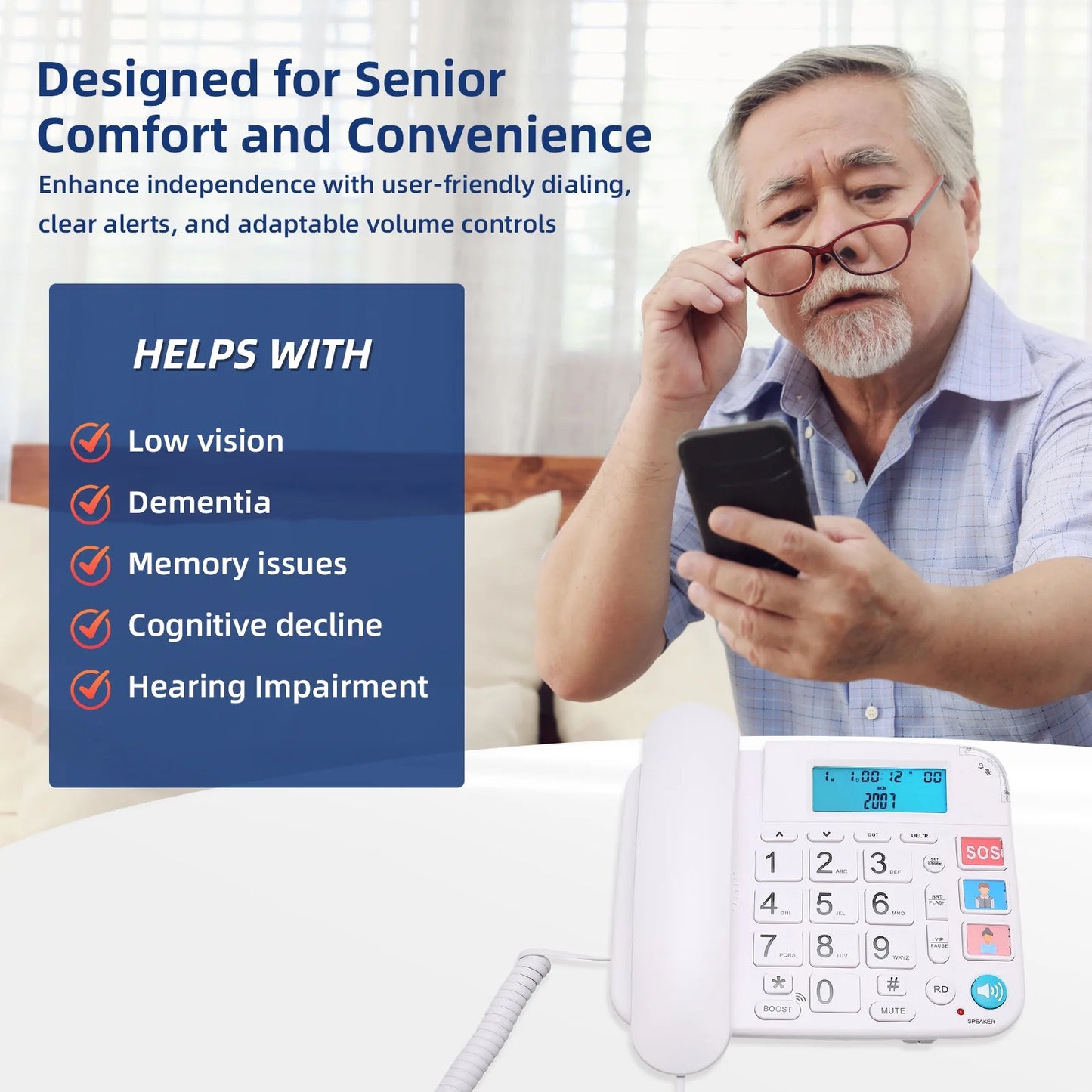 Large Key Wired Telephone, Dual Interface Wired Landline Phones with Caller ID/Hands-Free for Office, Big Button Corded Phones for Seniors, 3 Group One-Touch Dialing, Adjustable Volume & Ringing
