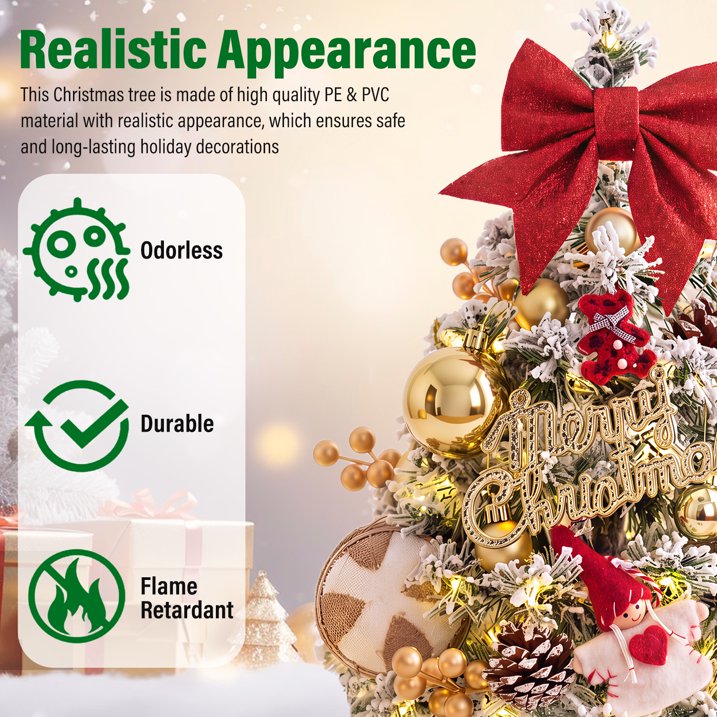 45cm Snow Flocked Mini Xmas Tree with Lights/Base Pinecones Red Berries Artificial Tabletop Xmas Tree for Festive Home Decor Golden