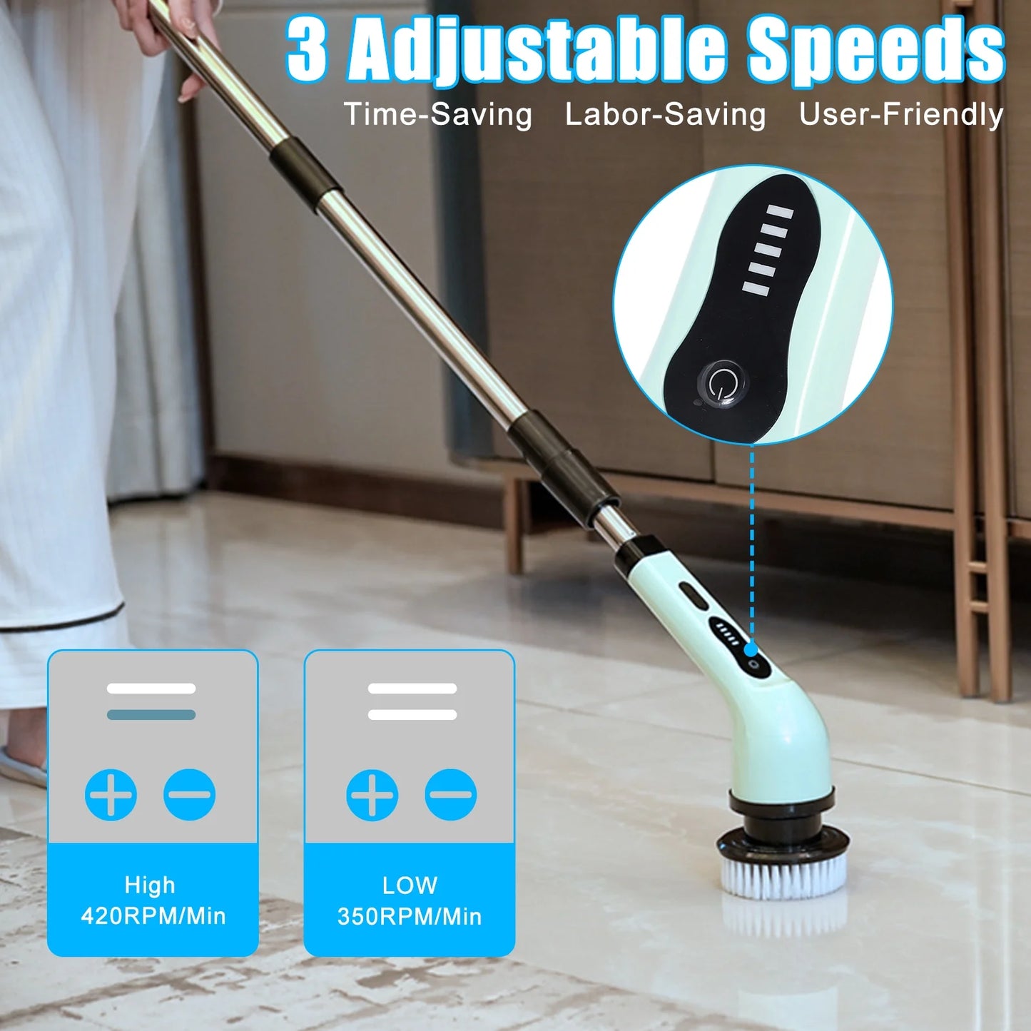 Electric Spin Scrubber, Cordless Power Scrubber with Extension Handle & 9 Replaceable Head for Bathroom & Tub & Tile Floor