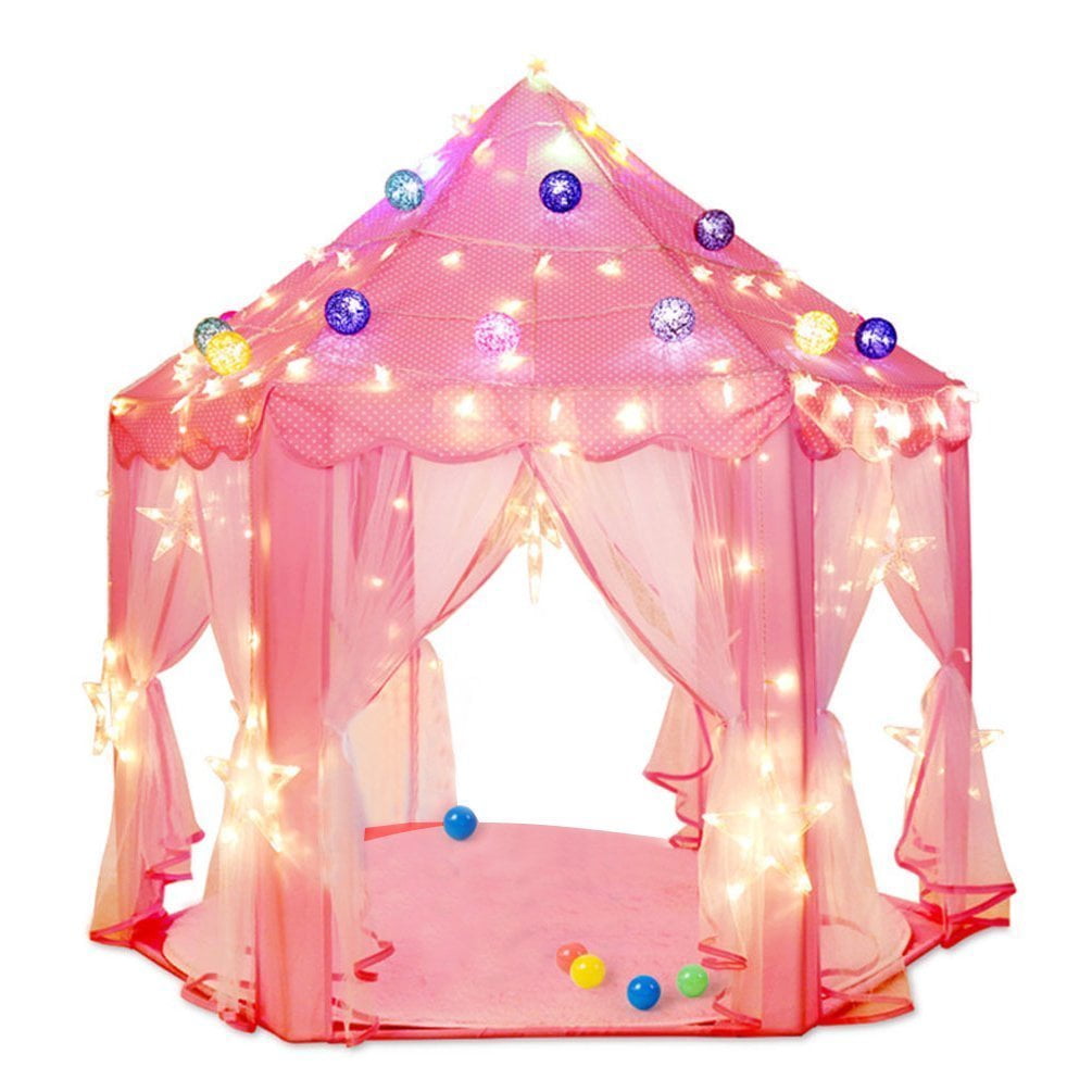 Kids Play Tent, Pink Hexagon Princess Castle Playhouse W/ Star Lightsfor Children or Toddlers Indoor or Outdoor Games Fun 55" x 53"