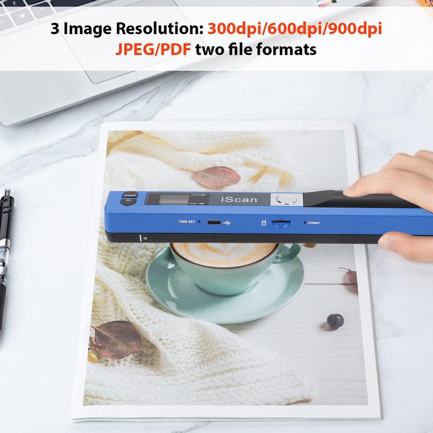 Portable Scanner, Photo Scanner for A4 Document Scanner 900 DPI Handheld Scanner JPG/PDF Formate LCD Display for Business Image Picture Receipts Books Pages Texts, Handy Scan (Blue)