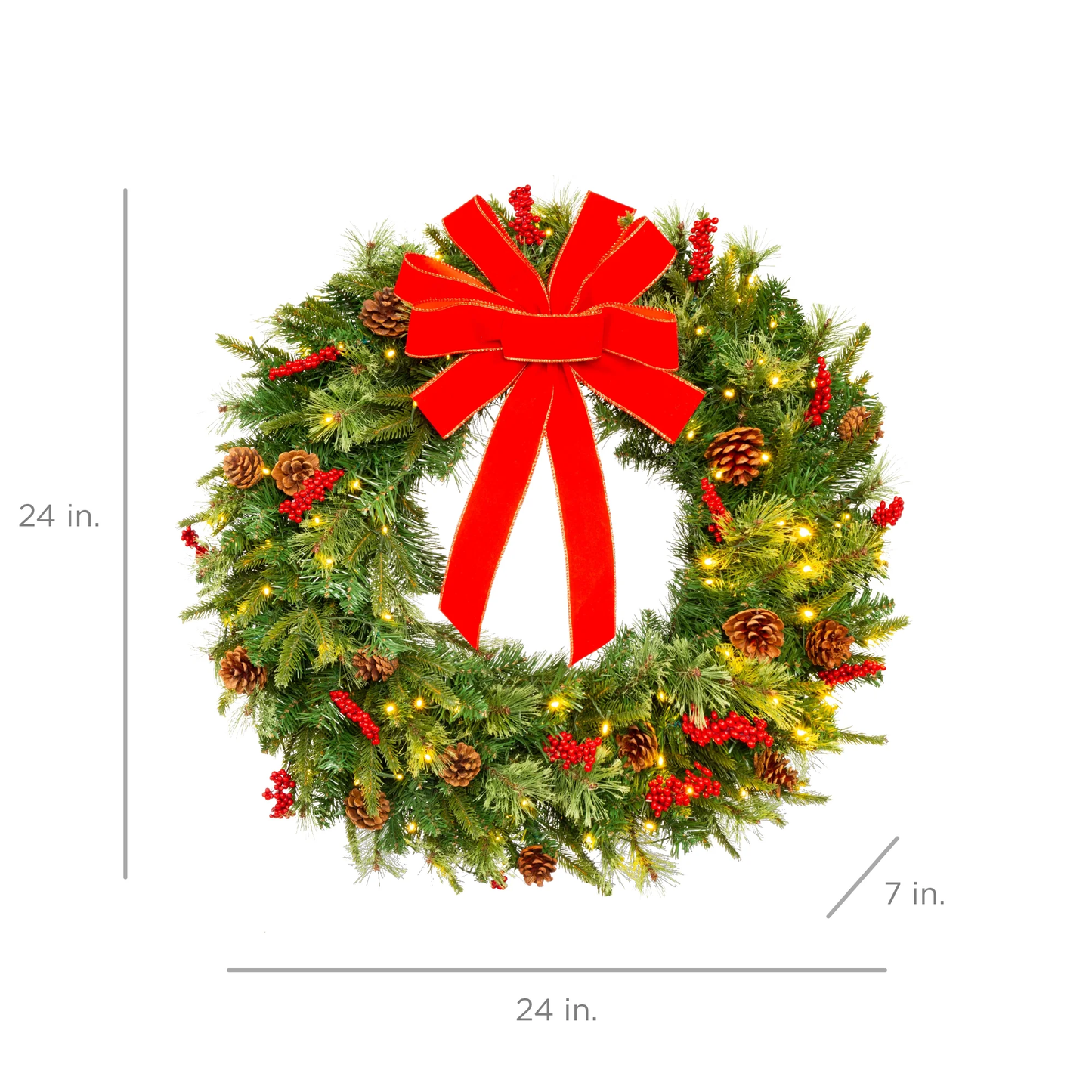 24in Pre-Lit Battery Powered Christmas Wreath Artificial Pre-Decorated Holiday Accent with 70 Lights, 96 PVC Tips, Ribbons, Pine Cones