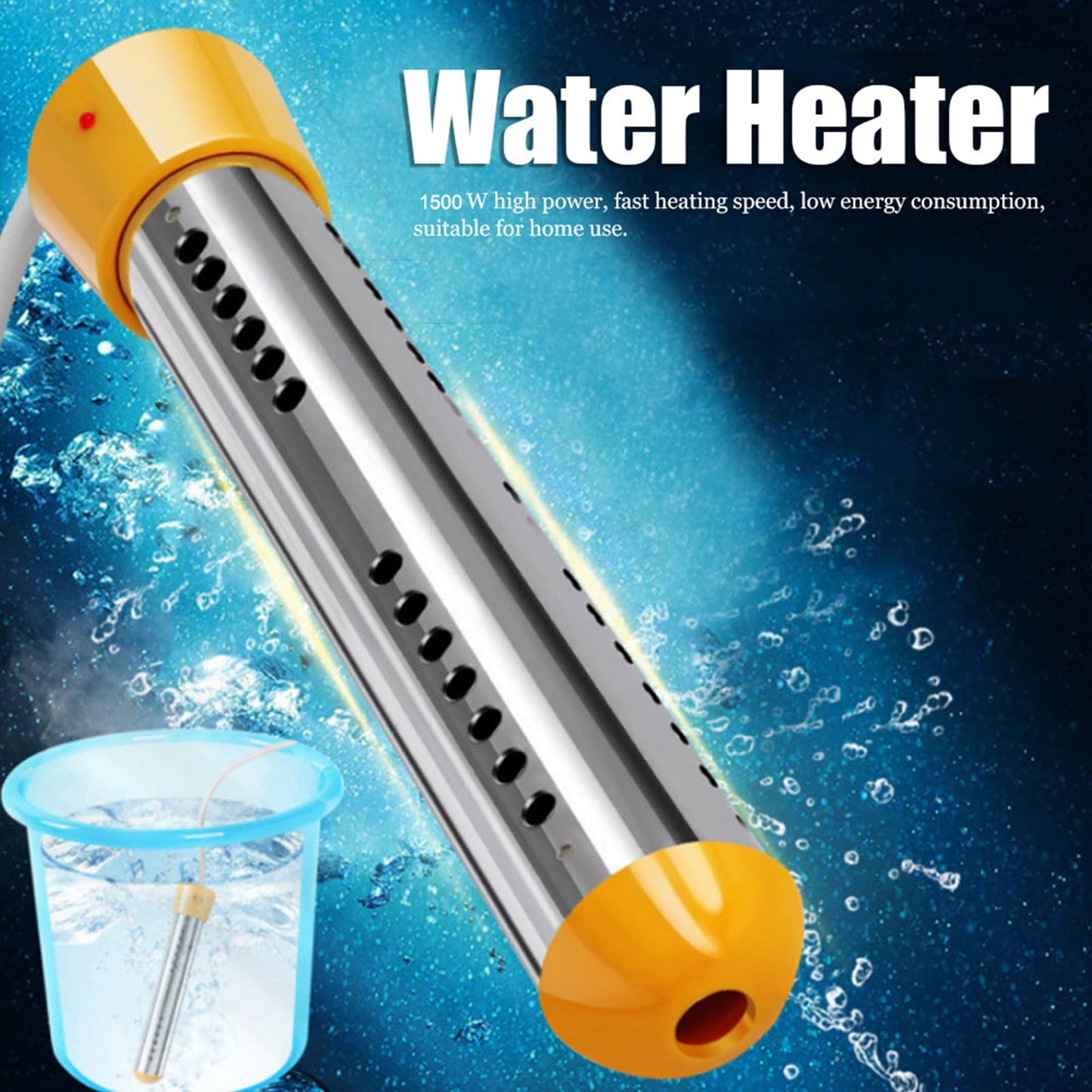 Immersion Water Heater, Electric Submersible Water Heater with Stainless Steel Guard Cover, 1500W Portable Bucket Heater to Heat 5 Gallons of Water in Minutes