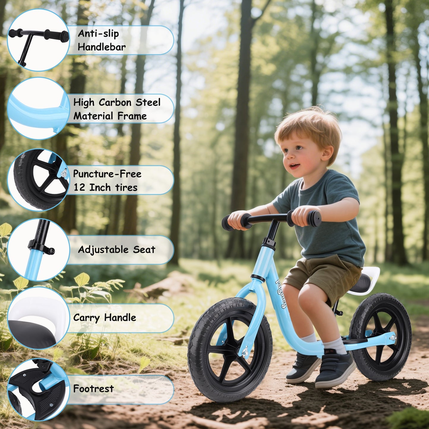 12-Inch Balance Bike No Pedal Lightweight Bike for Boys Girls 1.5 to 4 Years Old, Toddler Bike with Adjustable Seat, Carry Handle