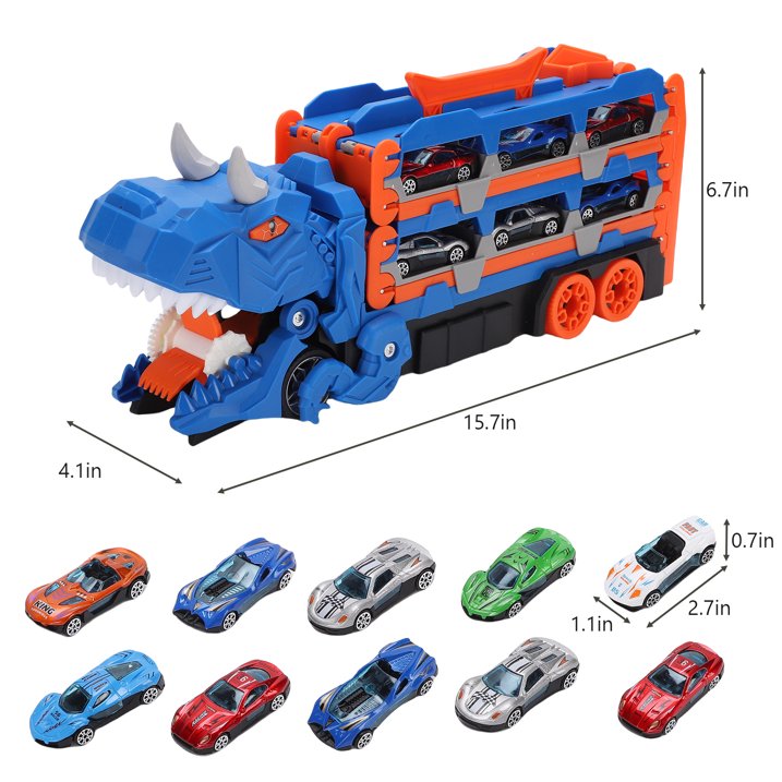 Dinosaur Race Track Toys for 3 4 5 6 Years Old Boys, Dinosaur Transporter Car Race Track with 12 Die-Cast Car Toys & 57inch Dual-Way Foldable Tracks, Truck Toys Set Gifts for Age 3-12 Kids Boys Girls