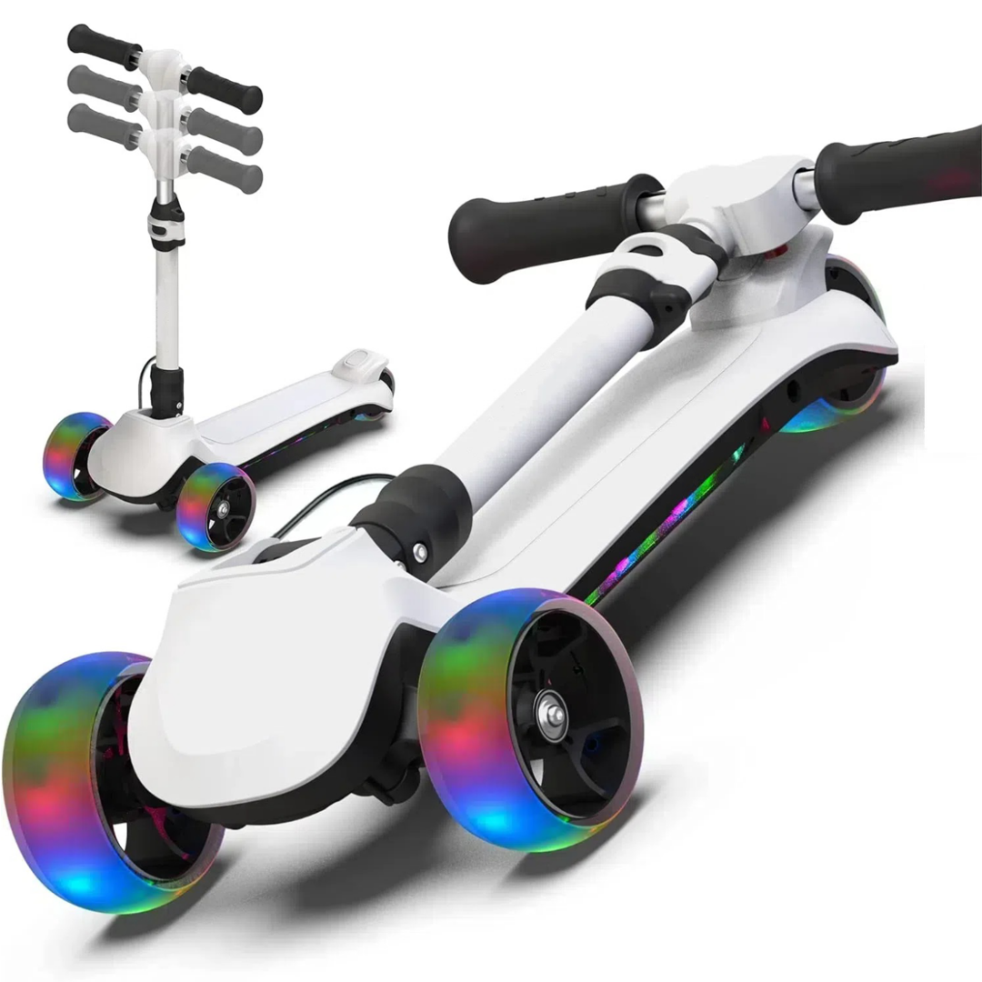 3 Wheels Electric Scooter for Kids, 3 Adjustable Heights Toddler Motorized Scooter with LED Light up Wheels and Pedal, Thumb Throttle, Powerful Motor, Foldable Kids Electric Scooter for Girls Boys