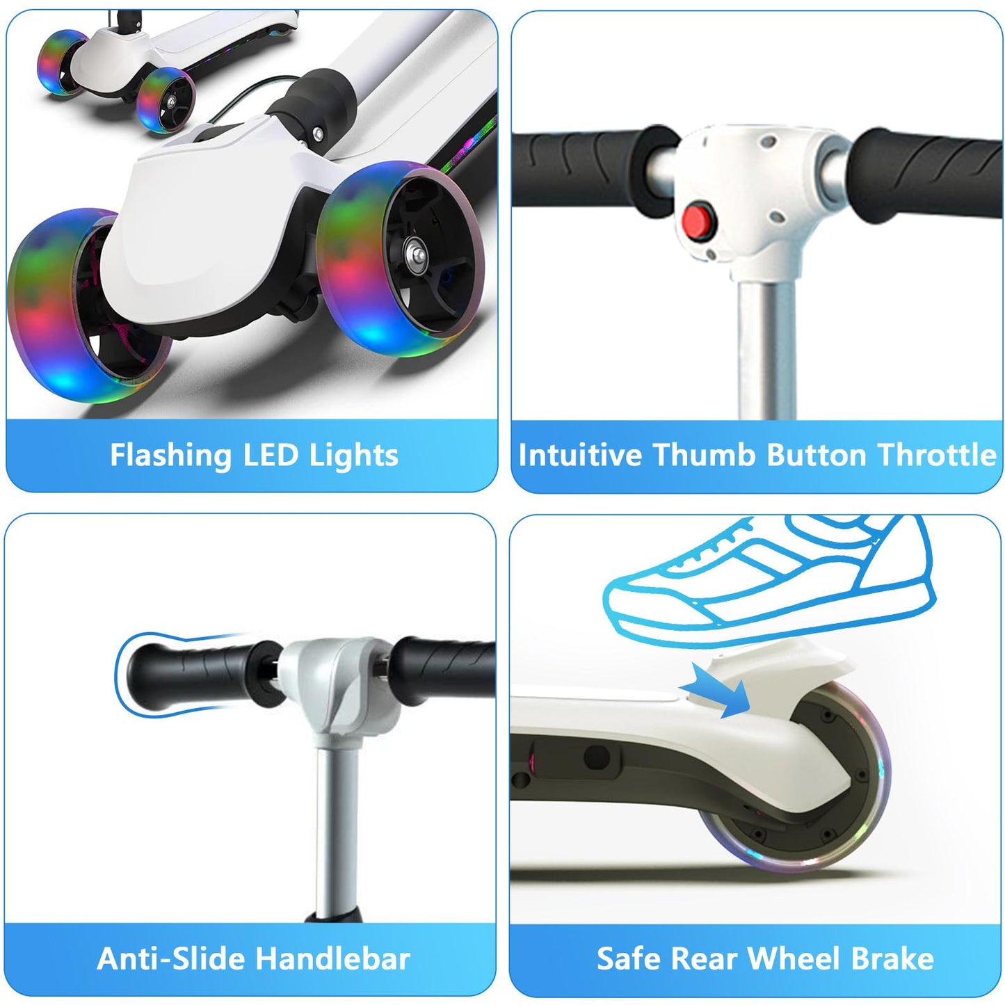 3 Wheels Electric Scooter for Kids, 3 Adjustable Heights Toddler Motorized Scooter with LED Light up Wheels and Pedal, Thumb Throttle, Powerful Motor, Foldable Kids Electric Scooter for Girls Boys