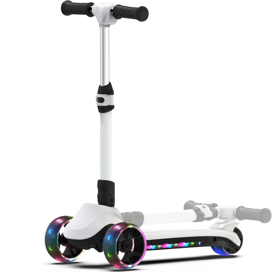 3 Wheels Electric Scooter for Kids, 3 Adjustable Heights Toddler Motorized Scooter with LED Light up Wheels and Pedal, Thumb Throttle, Powerful Motor, Foldable Kids Electric Scooter for Girls Boys