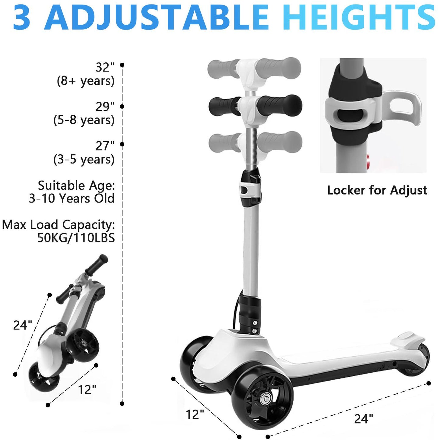 3 Wheels Electric Scooter for Kids, 3 Adjustable Heights Toddler Motorized Scooter with LED Light up Wheels and Pedal, Thumb Throttle, Powerful Motor, Foldable Kids Electric Scooter for Girls Boys