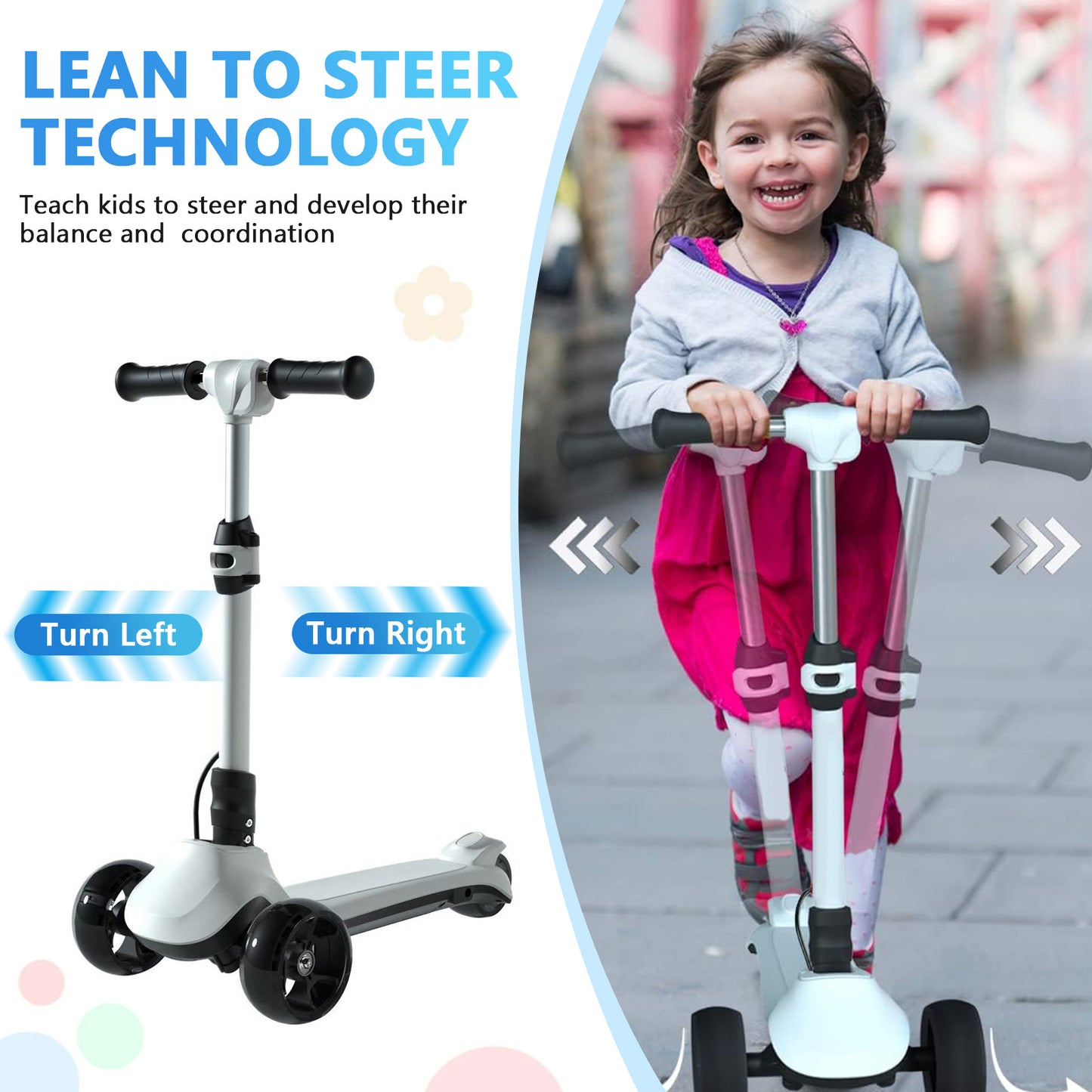 3 Wheels Electric Scooter for Kids, 3 Adjustable Heights Toddler Motorized Scooter with LED Light up Wheels and Pedal, Thumb Throttle, Powerful Motor, Foldable Kids Electric Scooter for Girls Boys