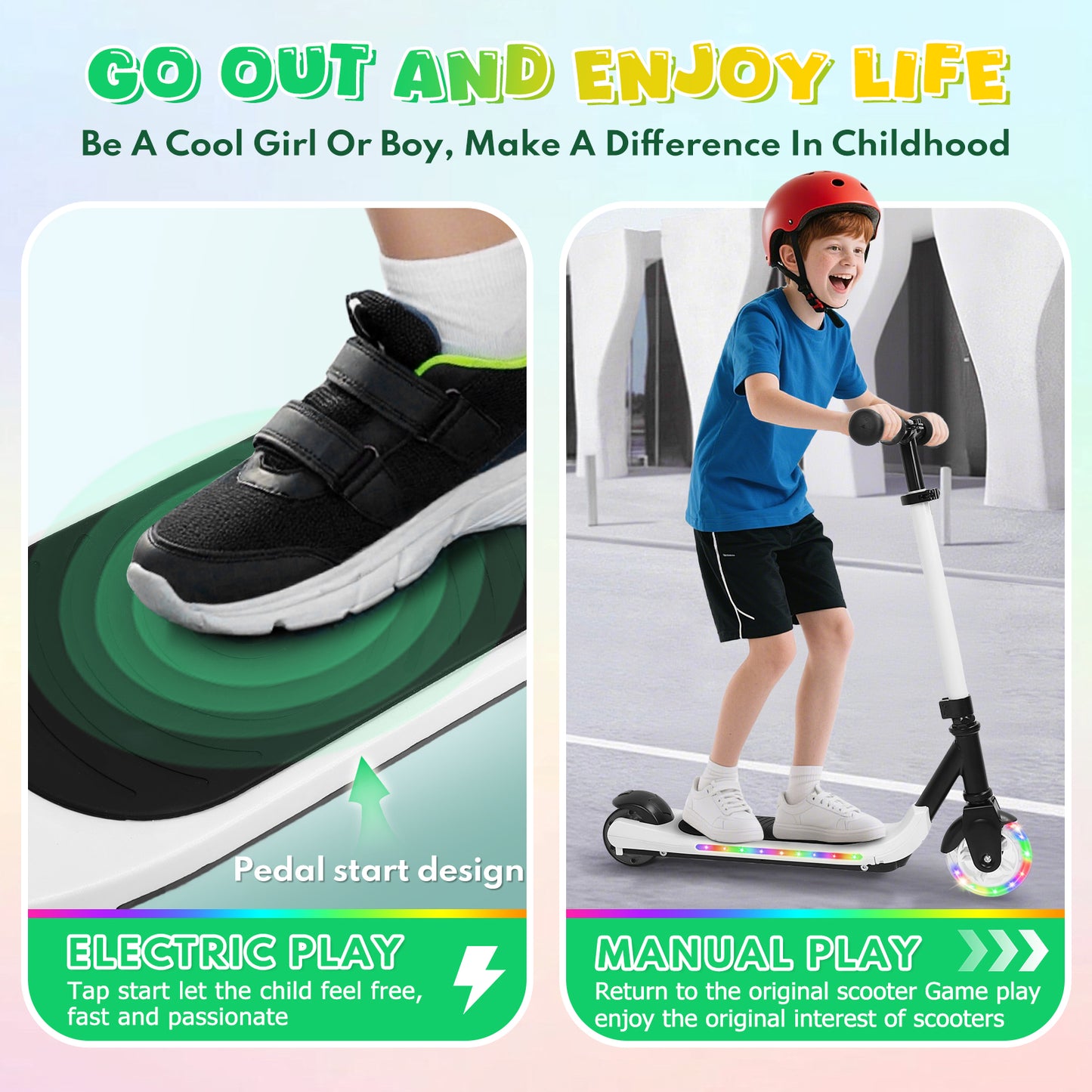 Electric Scooter for Kids Ages 6-12, White Powered E Scooter with Colorful LED Lights, Foldable Electric Scooter with 3 Adjustable Height, Anti-Slip Handlebar, 60W Motor,Max 5Mile & 3Mph,up to 132lbs