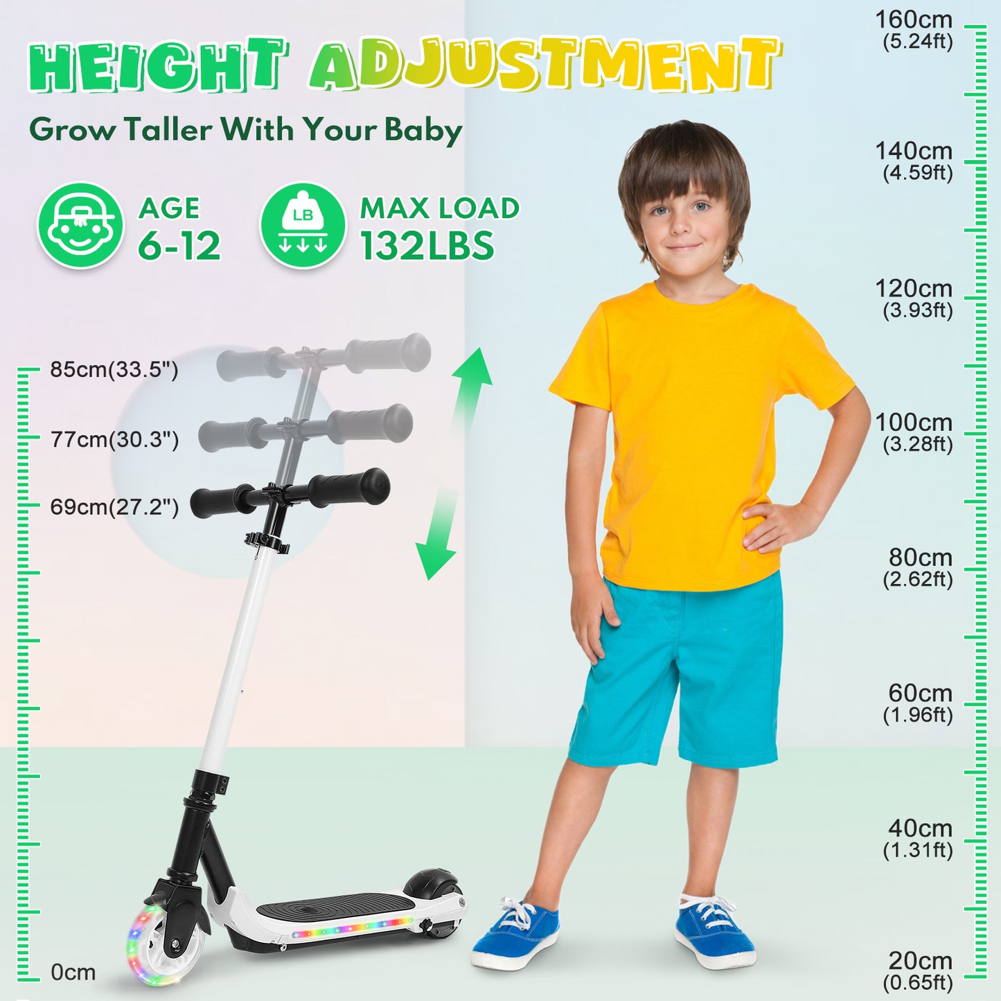 Electric Scooter for Kids Ages 6-12, White Powered E Scooter with Colorful LED Lights, Foldable Electric Scooter with 3 Adjustable Height, Anti-Slip Handlebar, 60W Motor,Max 5Mile & 3Mph,up to 132lbs
