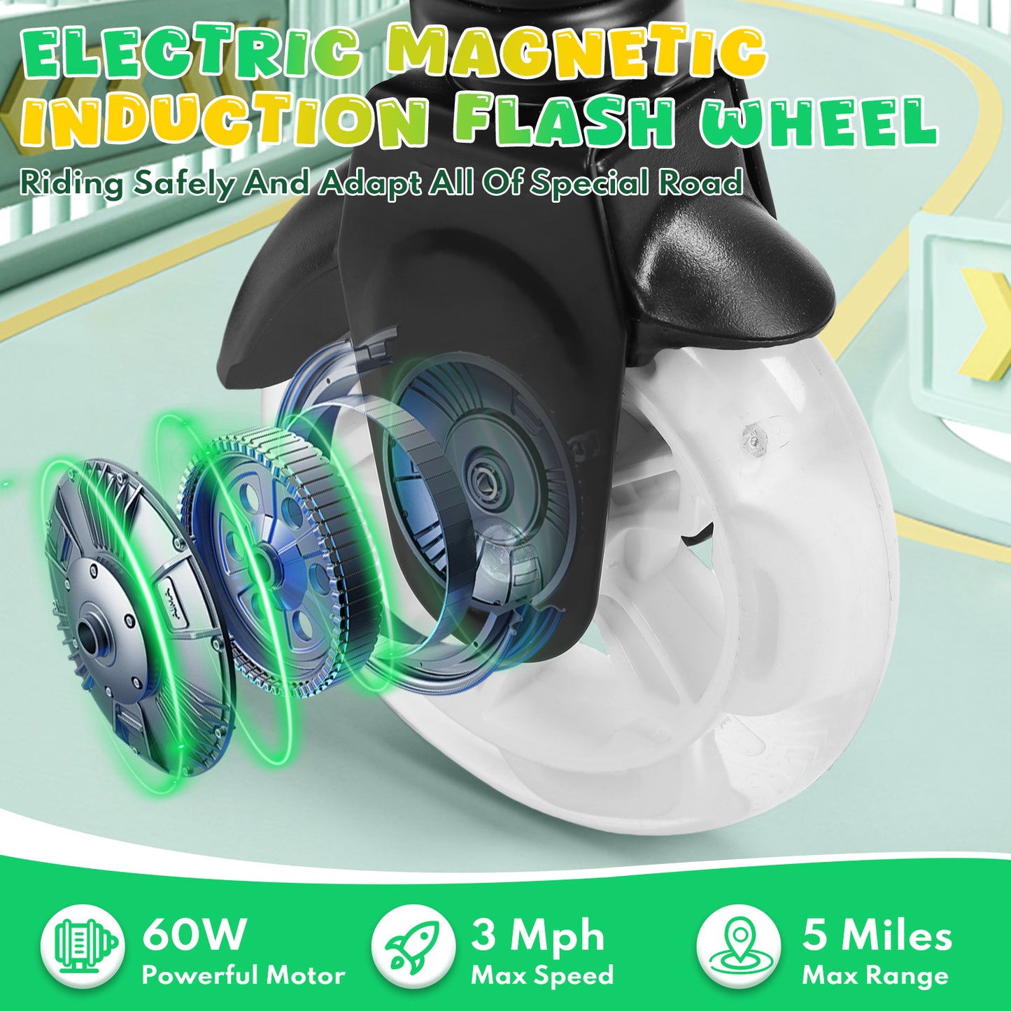 Electric Scooter for Kids Ages 6-12, White Powered E Scooter with Colorful LED Lights, Foldable Electric Scooter with 3 Adjustable Height, Anti-Slip Handlebar, 60W Motor,Max 5Mile & 3Mph,up to 132lbs