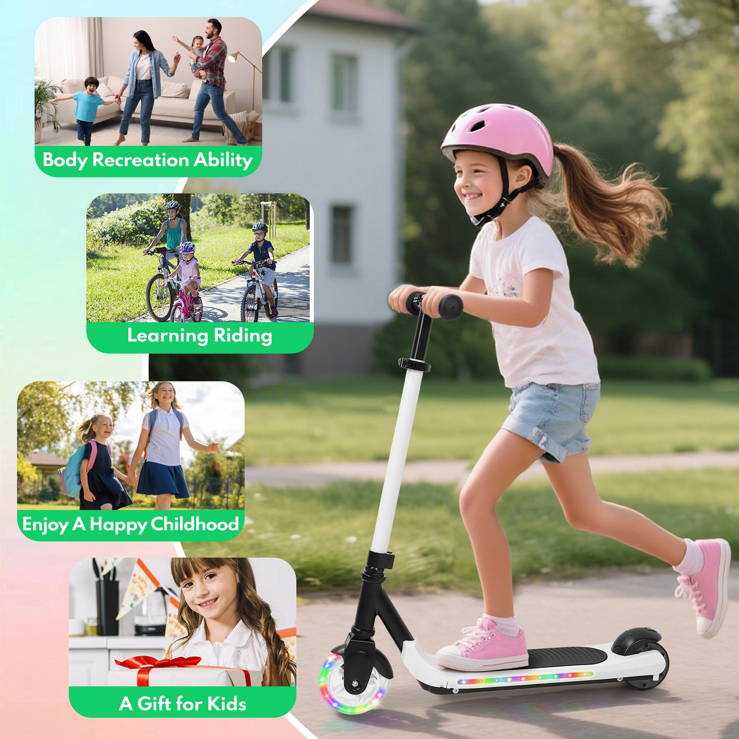 Electric Scooter for Kids Ages 6-12, White Powered E Scooter with Colorful LED Lights, Foldable Electric Scooter with 3 Adjustable Height, Anti-Slip Handlebar, 60W Motor,Max 5Mile & 3Mph,up to 132lbs