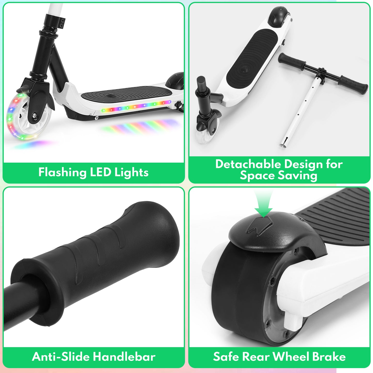 Electric Scooter for Kids Ages 6-12, White Powered E Scooter with Colorful LED Lights, Foldable Electric Scooter with 3 Adjustable Height, Anti-Slip Handlebar, 60W Motor,Max 5Mile & 3Mph,up to 132lbs