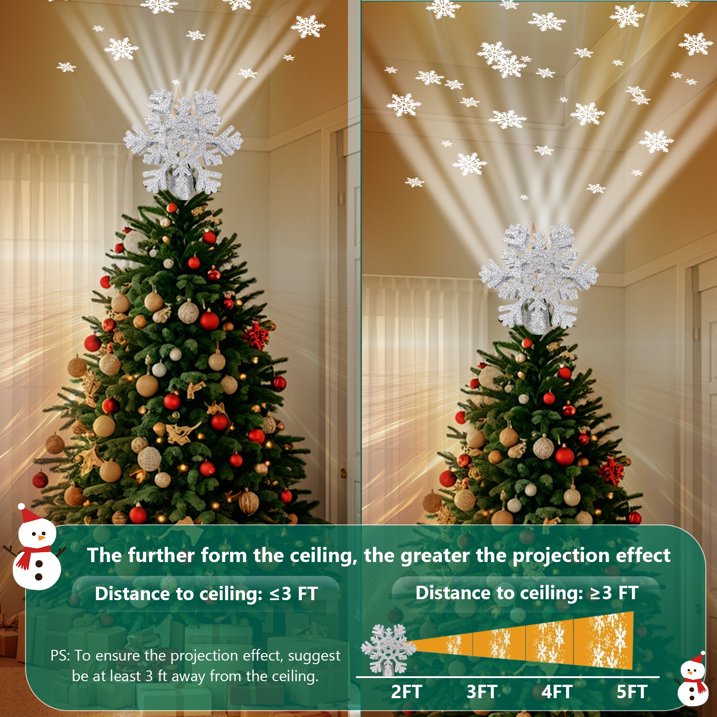 Christmas Tree Toppers Lighted with 3 Projection Modes, Christmas Tree Snowflake Topper Built-in 3D Glitter LED Rotating Lights, Silver Tree Topper Christmas Decoration for Xmas Party Holiday Home