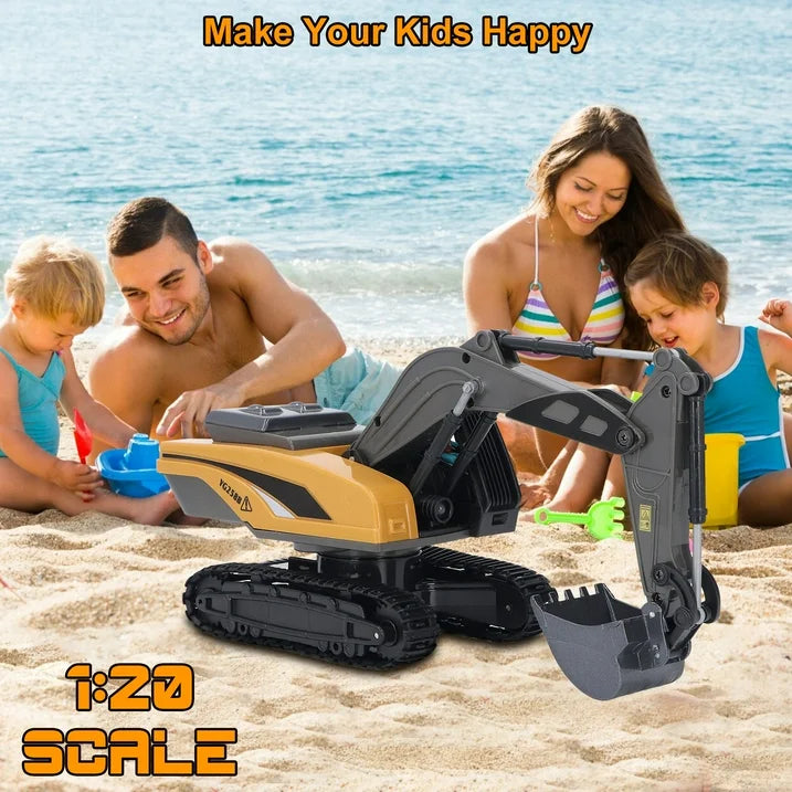 Remote Control Excavator Toys with Metal Shovel & Lights, 8 Channel RC Truck Rechargeable Tractor Toy Gift