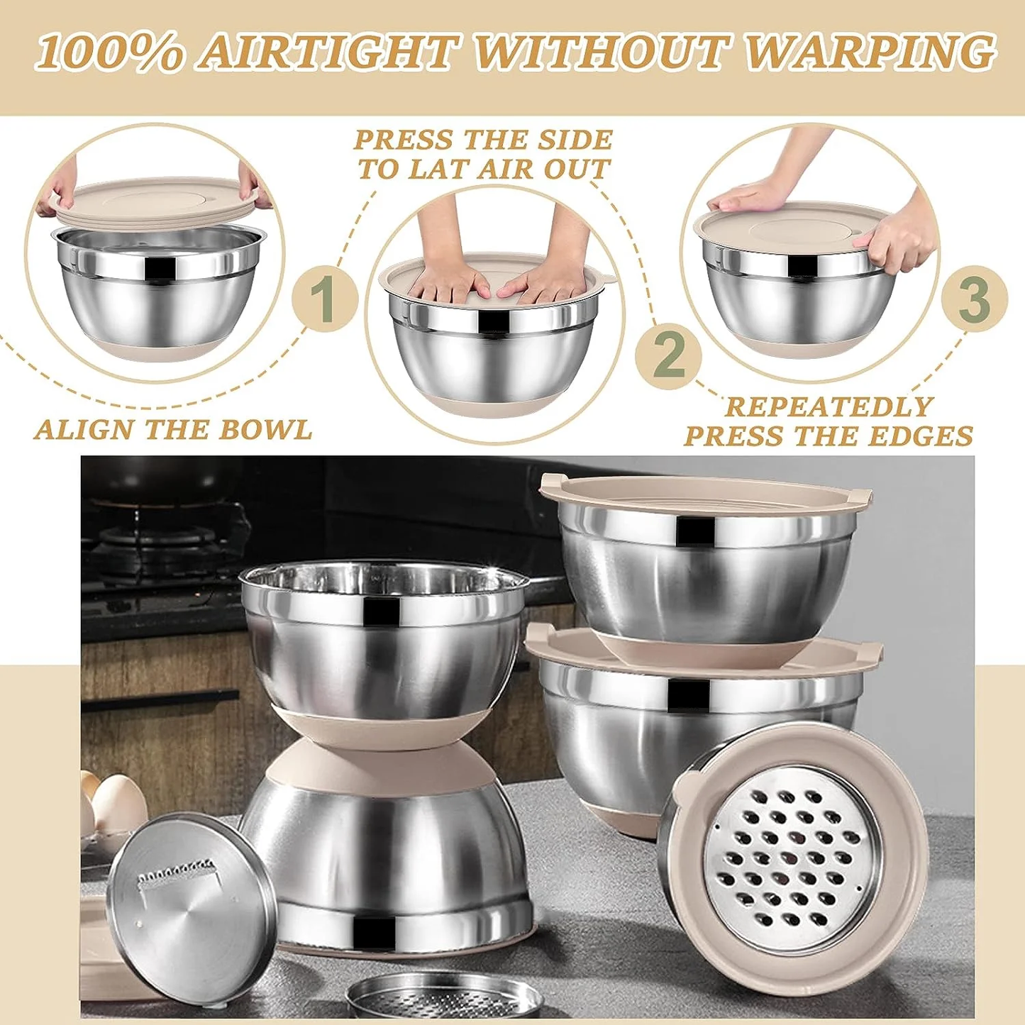 Mixing Bowls with Lids, 32 Piece Stainless Steel Bowls Set, 3 Grater Attachments & Black Non-Slip Bottoms Size 7, 4, 3.5, 2.5, 2, 1.5QT, Great For Mixing & Serving, Khaki