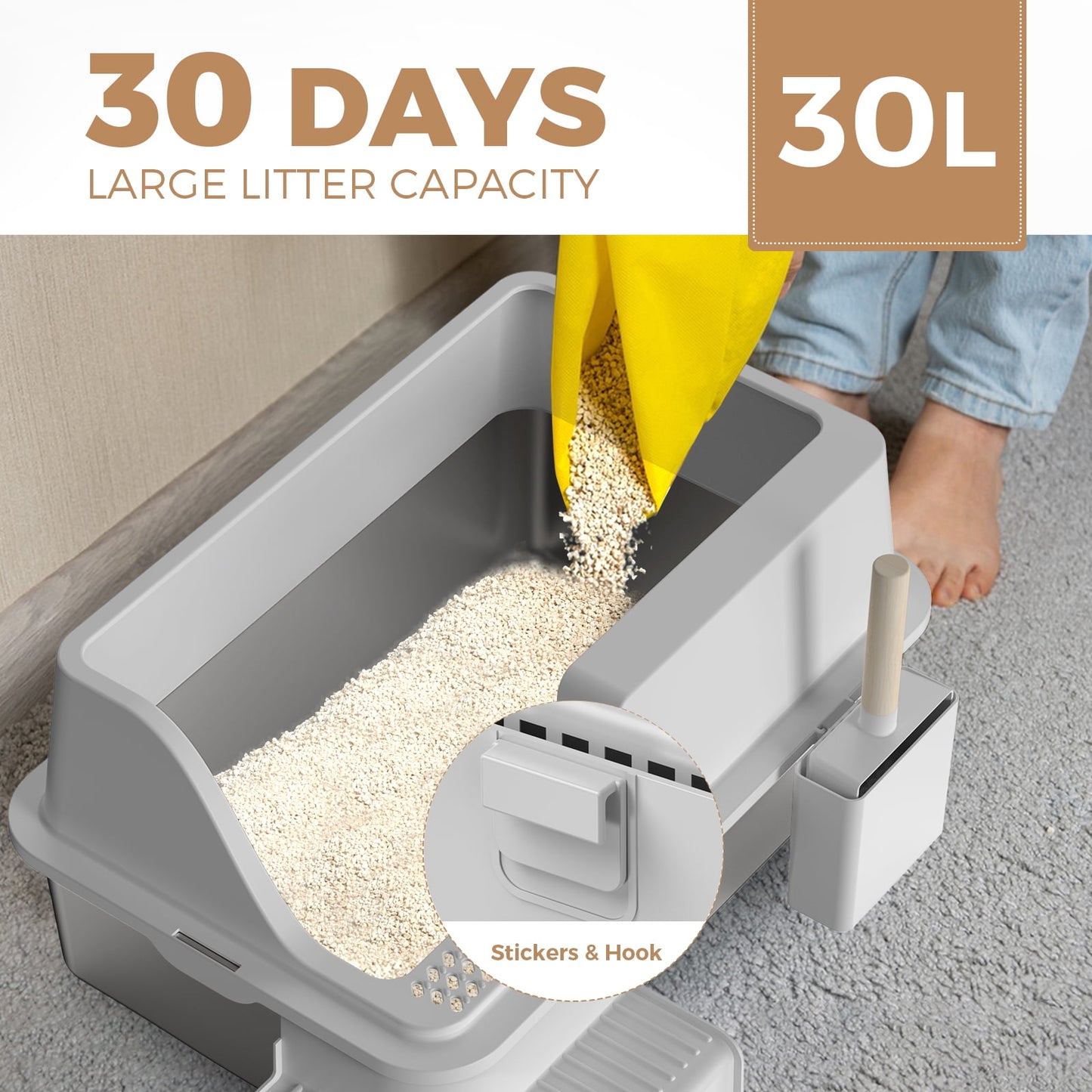 LHCER Enclosed Stainless Steel Cat Litter Box Extra Large Litter Box for Big Cats, High Side Enclosure Metal Litter Pan Tray with Scoop, Anti-Leakage, Easy Cleaning