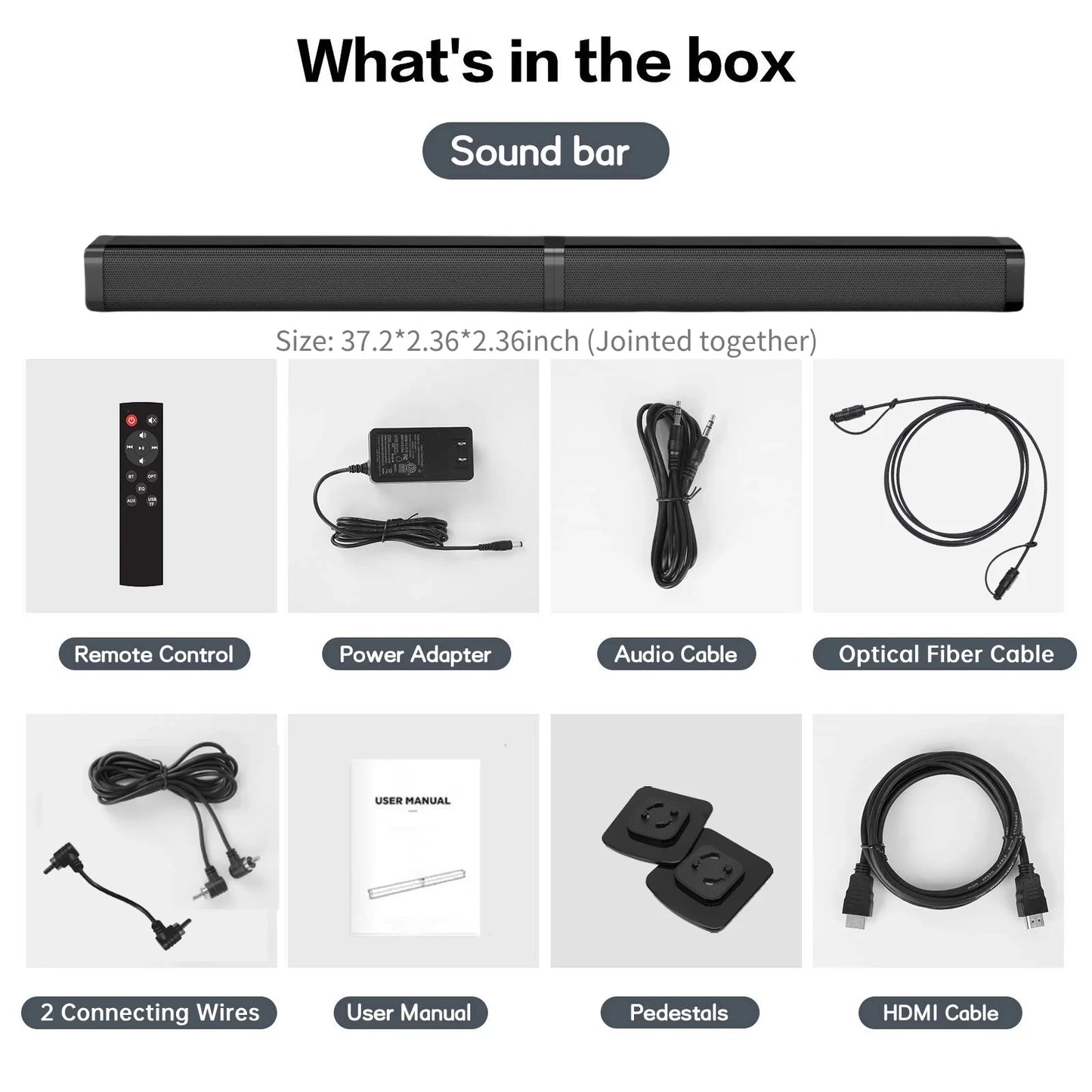 2 in 1 Separable Sound Bars for TV, Bluetooth 5.0 Surround Sound System for TV Wireless Connect, 37 Inch Soundbar for Home Theater, ARC/Optical/USB Cables & Remote TV Speakers, Wall Mountable