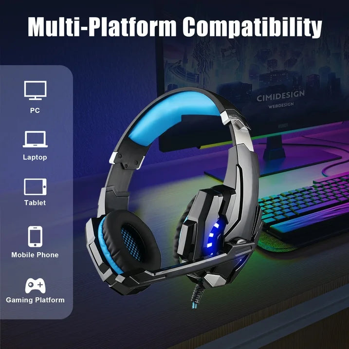 Gaming Headset for PC Laptop, Bass Surround Noise Cancelling Over Ear Headphones with Mic, Computer Headset with 3.5mm Stereo Jack & LED Light, Soft Memory Earmuffs, Blue