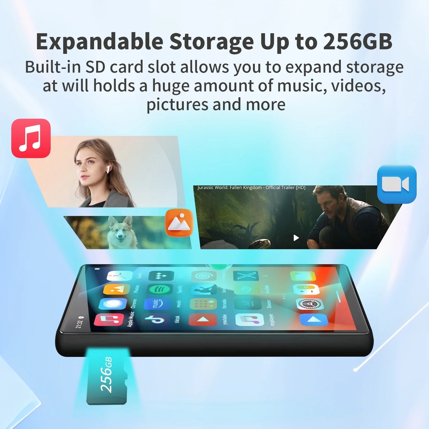 16GB MP3 Player with Bluetooth and WiFi, Portable HiFi Sound MP3 Music Player with Spotify, Deezer, Audible, Play Store, Browser, 5" Full Touchscreen MP4 Player with Speaker, Up to 256GB