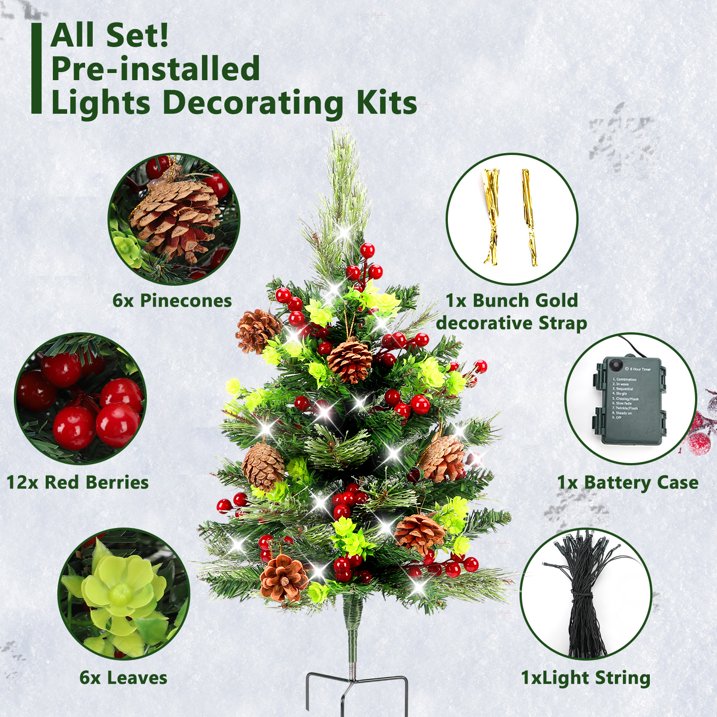 2 Set Pathway Christmas Trees 24.5in with Tripod Stake, Artificial Mini Xmas Trees with Lights, 12 PineCones & 24 Berries, Pre-Lit Holiday Outdoor Christmas Decorations for Porch Driveway Yard Garden