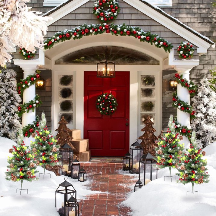 2 Set Pathway Christmas Trees 24.5in with Tripod Stake, Artificial Mini Xmas Trees with Lights, 12 PineCones & 24 Berries, Pre-Lit Holiday Outdoor Christmas Decorations for Porch Driveway Yard Garden