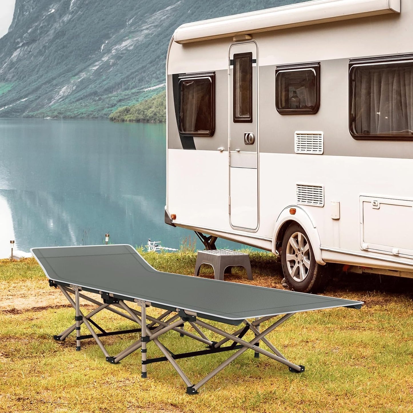 Folding Camping Cots for Adults, Portable Outdoor Camping Bed with Mattress, Heavy Duty Guest Bed Sleeping Cot Folding Bed for Camping Traveling Office Use, 74" X 26", Gray, Supports 330 lbs