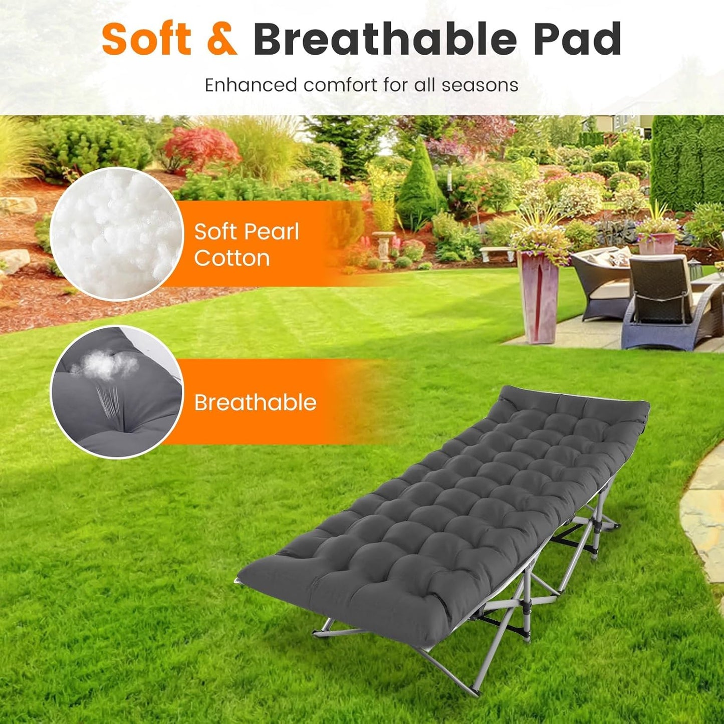Folding Camping Cots for Adults, Portable Outdoor Camping Bed with Mattress, Heavy Duty Guest Bed Sleeping Cot Folding Bed for Camping Traveling Office Use, 74" X 26", Gray, Supports 330 lbs