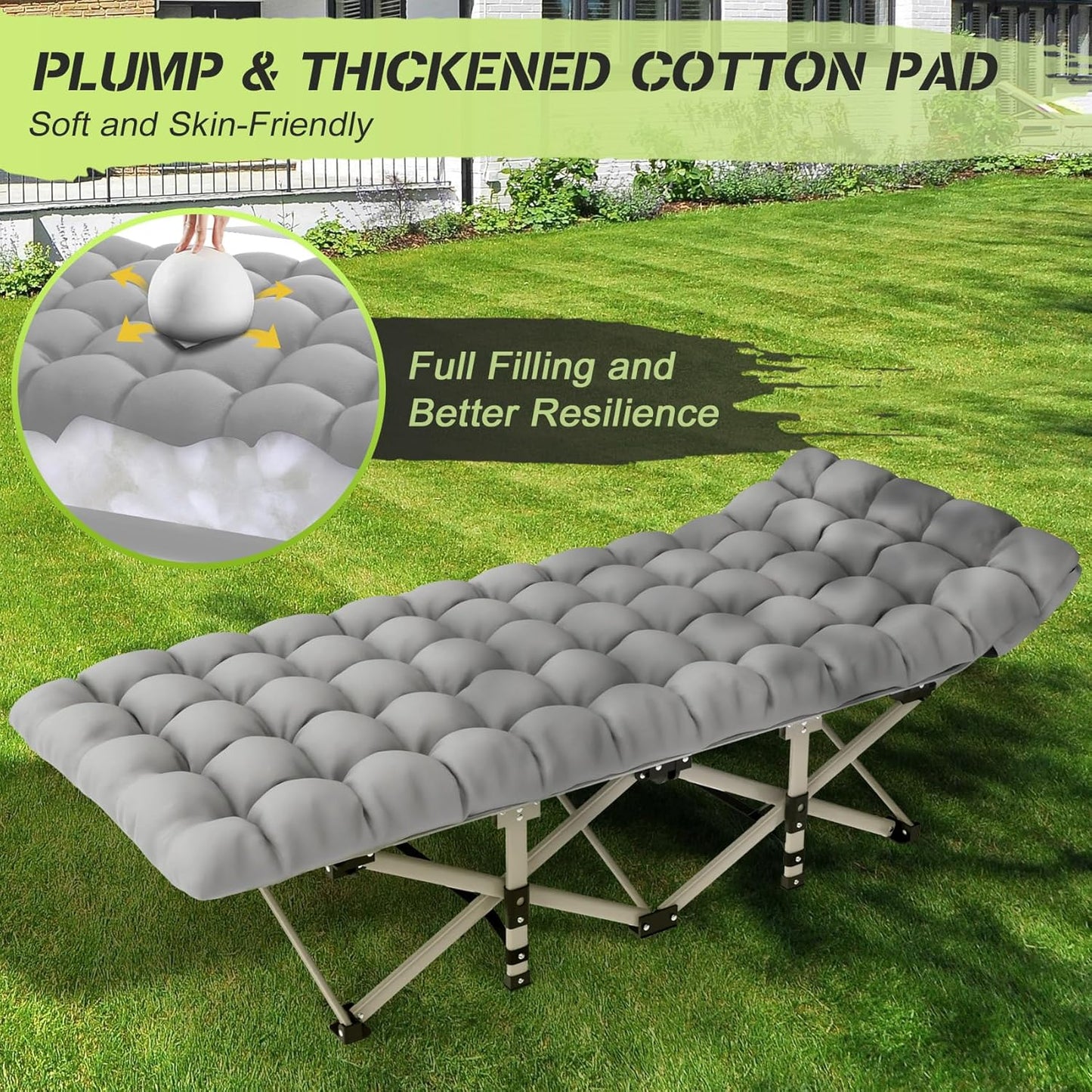 Folding Camping Cots for Adults, Portable Outdoor Camping Bed with Mattress, Heavy Duty Guest Bed Sleeping Cot Folding Bed for Camping Traveling Office Use, 74" X 26", Gray, Supports 330 lbs