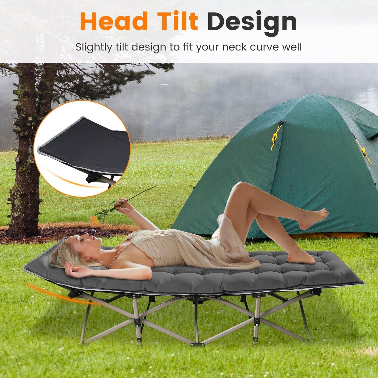 Folding Camping Cots for Adults, Portable Outdoor Camping Bed with Mattress, Heavy Duty Guest Bed Sleeping Cot Folding Bed for Camping Traveling Office Use, 74" X 26", Gray, Supports 330 lbs