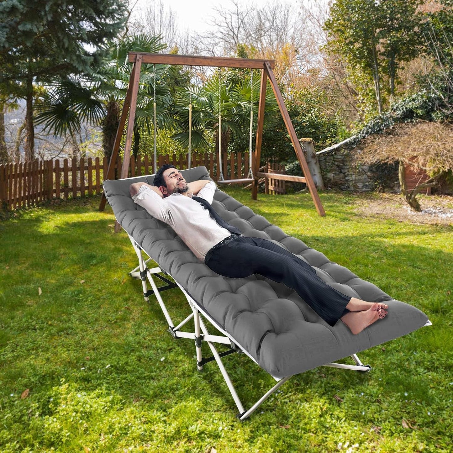Folding Camping Cots for Adults, Portable Outdoor Camping Bed with Mattress, Heavy Duty Guest Bed Sleeping Cot Folding Bed for Camping Traveling Office Use, 74" X 26", Gray, Supports 330 lbs