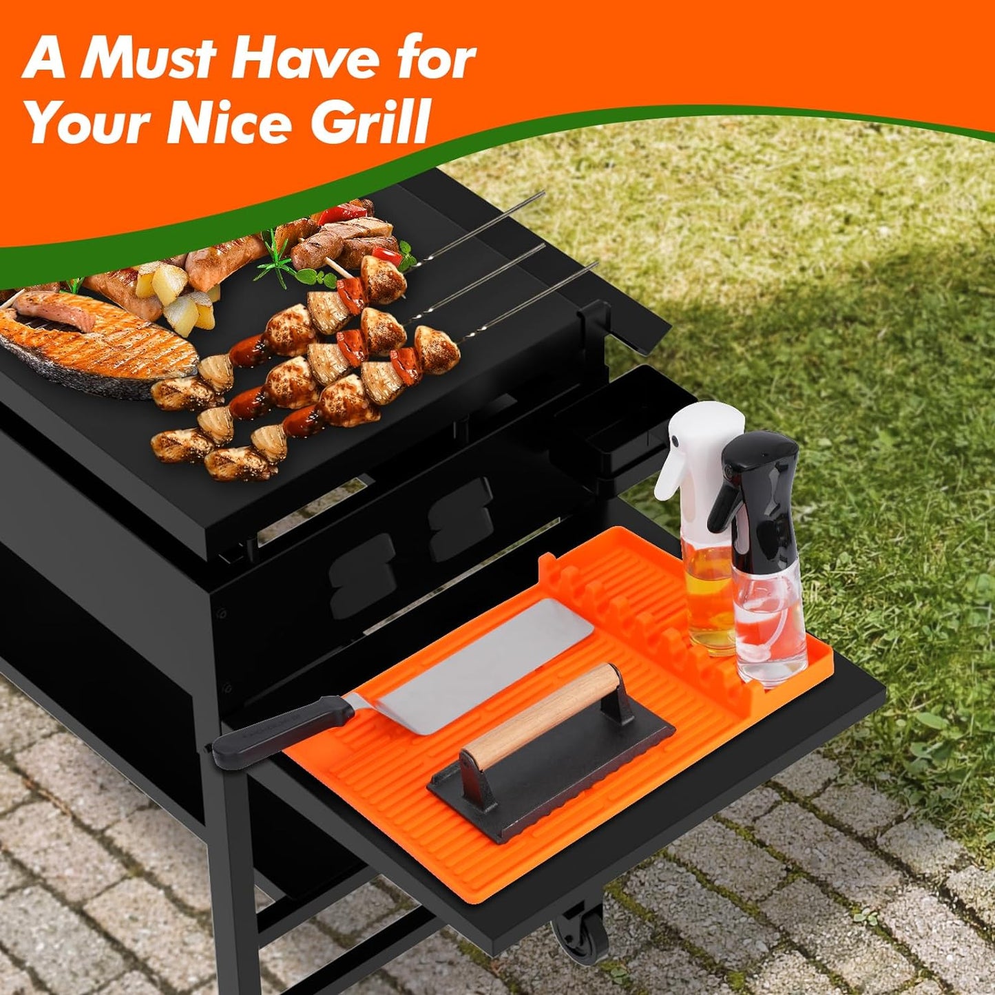Eotvia Grill Mat, Side Shelf Mat for Blackstone, Silicone Grill Pad for Outdoor Grill Kitchen Counter, Food Grade Griddle Mat, BBQ Grill Mats, Baking Mats, Grill Prep Trays, Hot Pads (2 Pack, Orange)