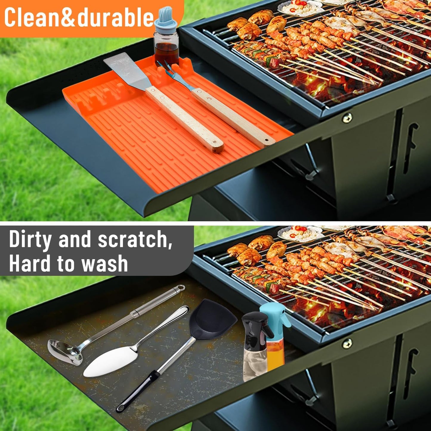 Eotvia Grill Mat, Side Shelf Mat for Blackstone, Silicone Grill Pad for Outdoor Grill Kitchen Counter, Food Grade Griddle Mat, BBQ Grill Mats, Baking Mats, Grill Prep Trays, Hot Pads (2 Pack, Orange)