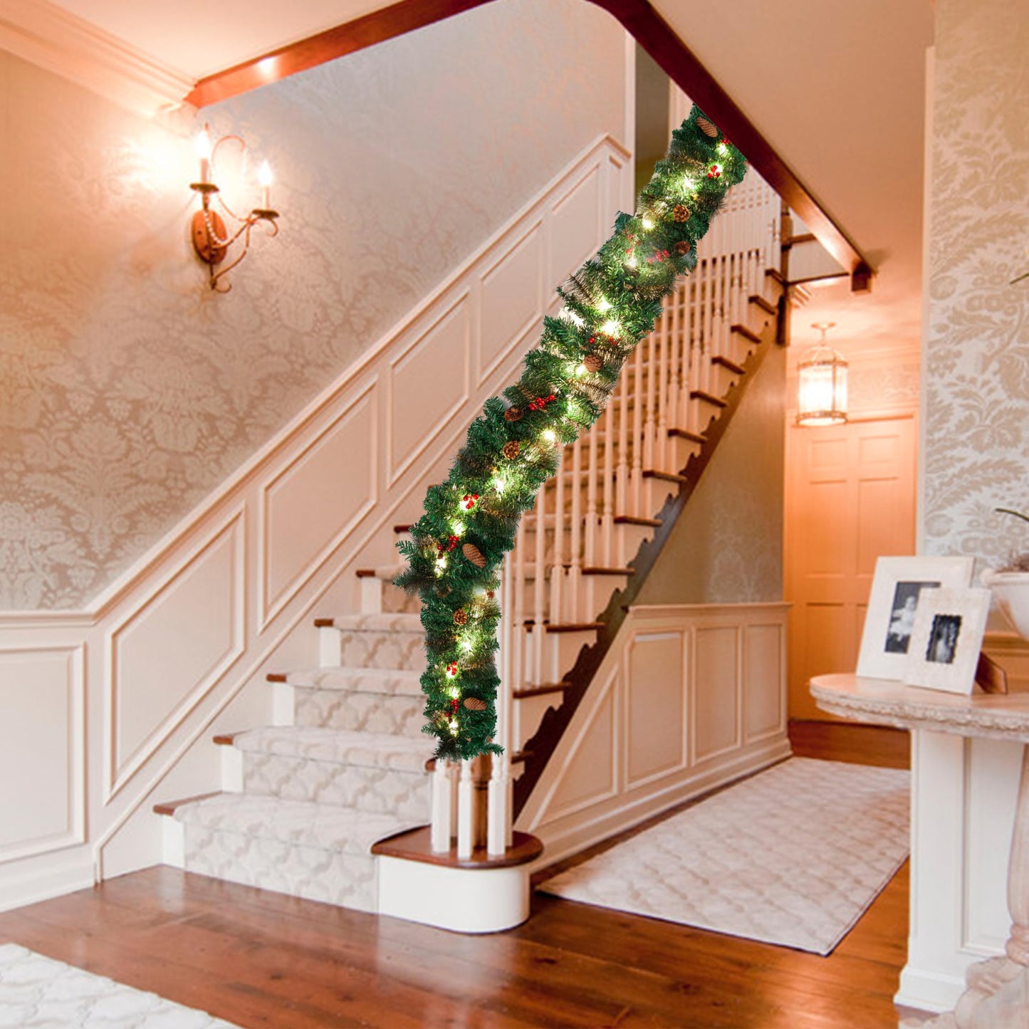 9FT Christmas Garland, Pre-lit Artificial Garland Decorations Greenery with Flowers, Berries Cones Balls Ornament, Warm White 50 LED Lights, Indoor/Outdoor, Flocked with Mixed Decor