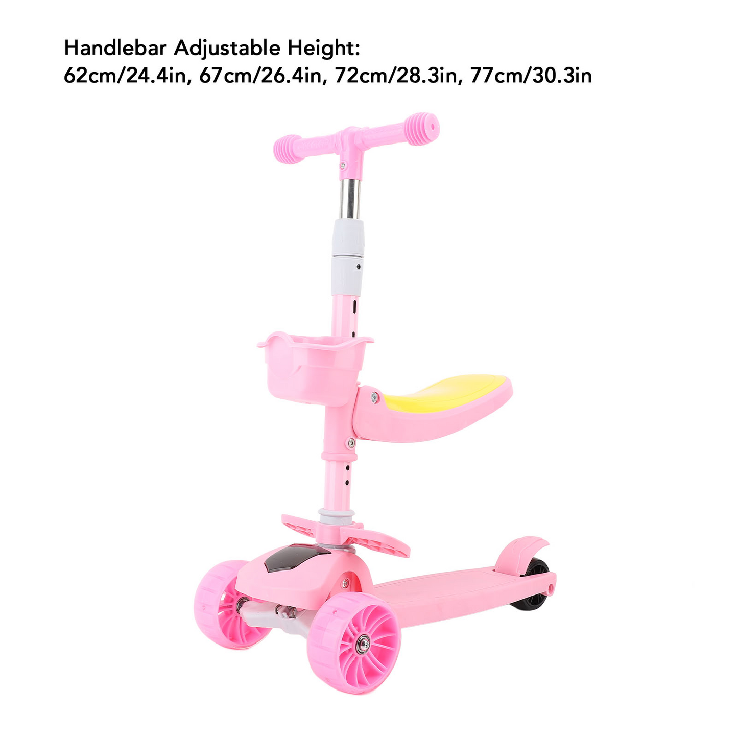 3 Wheel Scooter for Kids, Folding Kids Scooter with Seat, Pink Toddler Scooter with Adjustable Handlebar, Ride on Toys with Music Streamer LED Lights Rear Brake for Boys Girls Ages 3-5