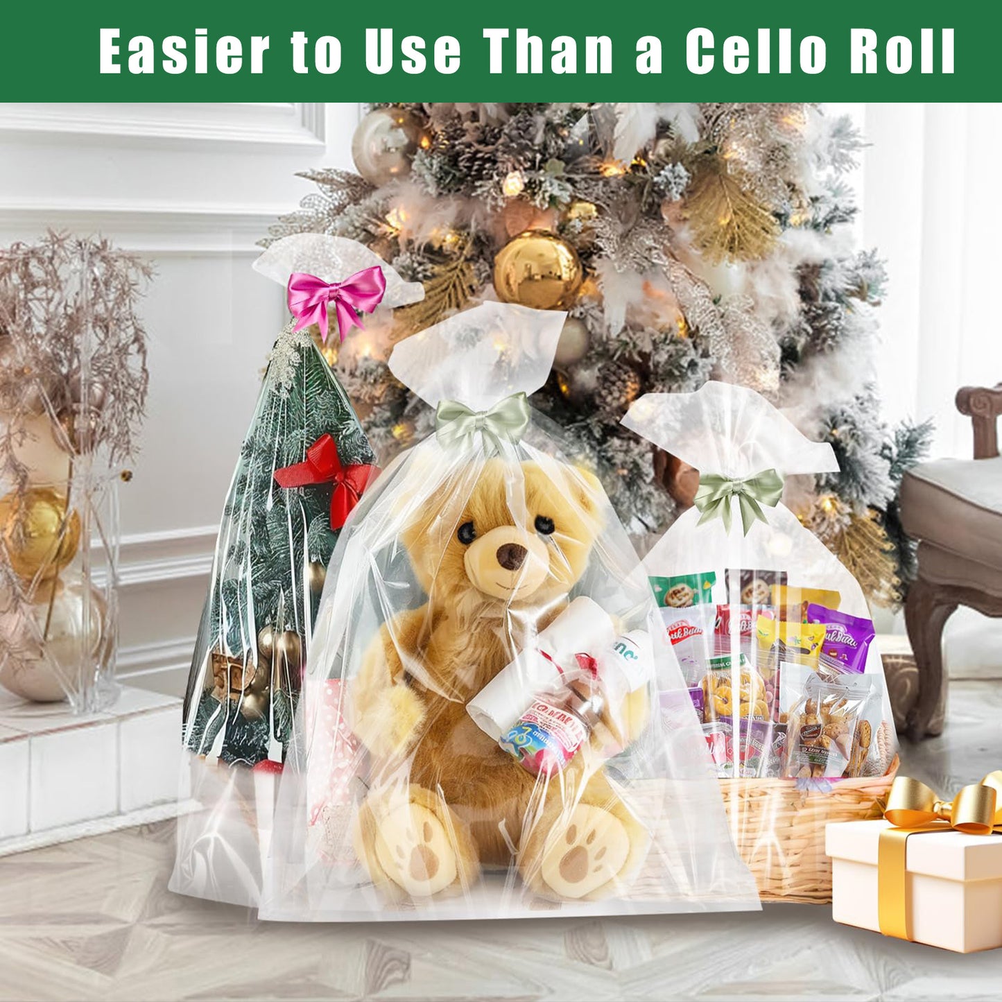 10 Pcs Clear Cellophane Basket Bags Large Size (32 in X 55 in), 3 Mil Thicker Clear Cellophane Wrap, for Gift Bags with 10 Pcs Red Bows Ribbons