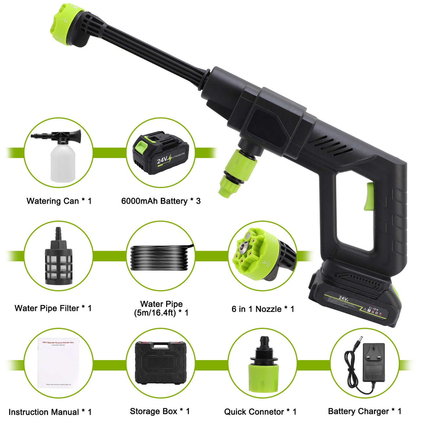18000mAh 24V Cordless Pressure Washer with 3 Rechargeable Batteries, 16.4FT Water Pipe and 6 In 1 Nozzles Car Power Cleaner Machine, 435PSI