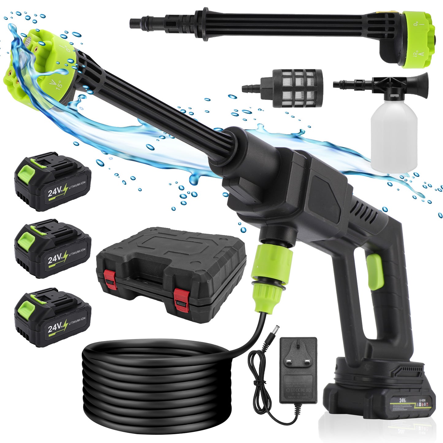 18000mAh 24V Cordless Pressure Washer with 3 Rechargeable Batteries, 16.4FT Water Pipe and 6 In 1 Nozzles Car Power Cleaner Machine, 435PSI