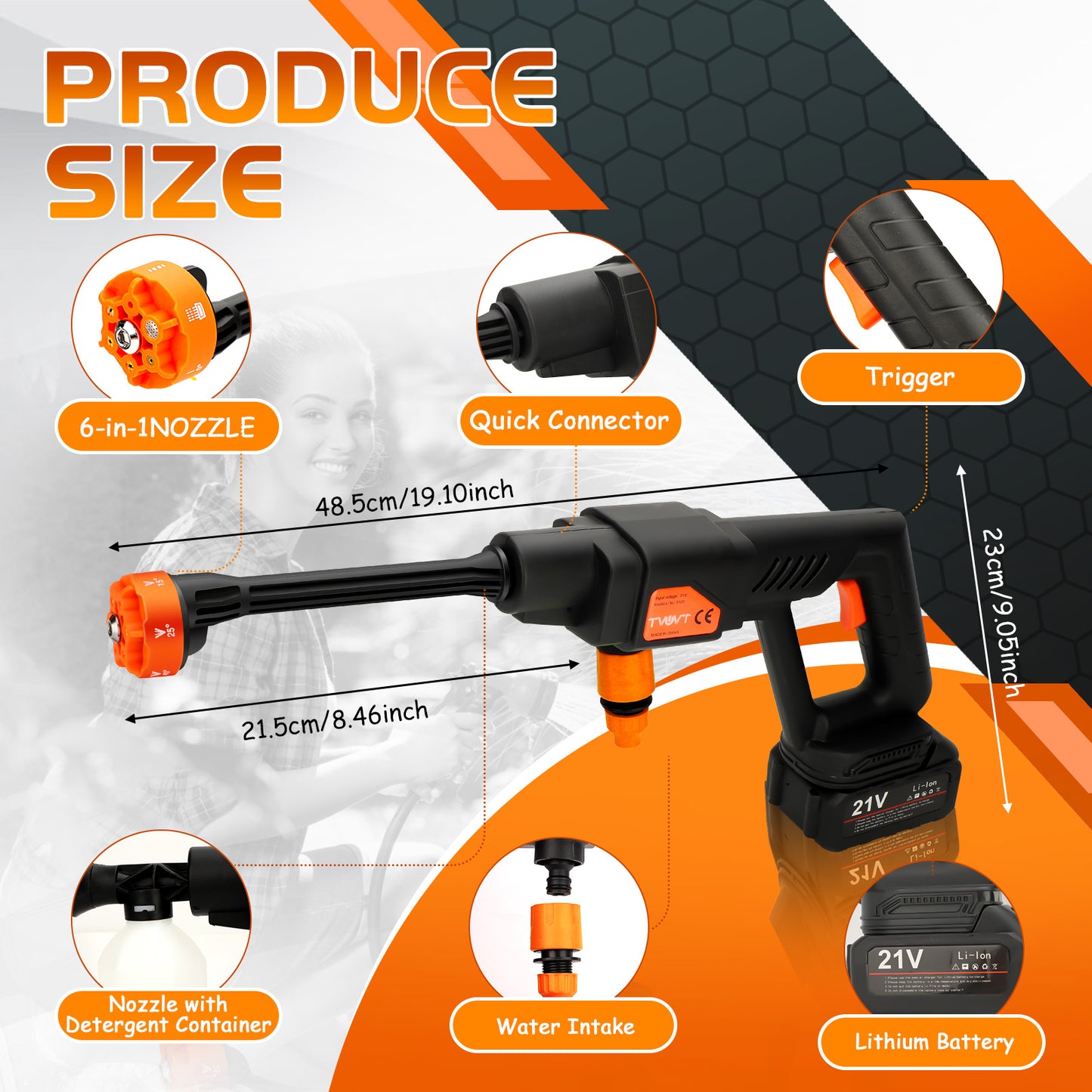 Cordless Pressure Washer, 435PSI Power Washer with 2 Rechargeable 15Ah Battery, 21V Cordless Power Washer with Adjustable Nozzle, Portable Power Cleaner with 32.8FT Water Pipe for Car Washing