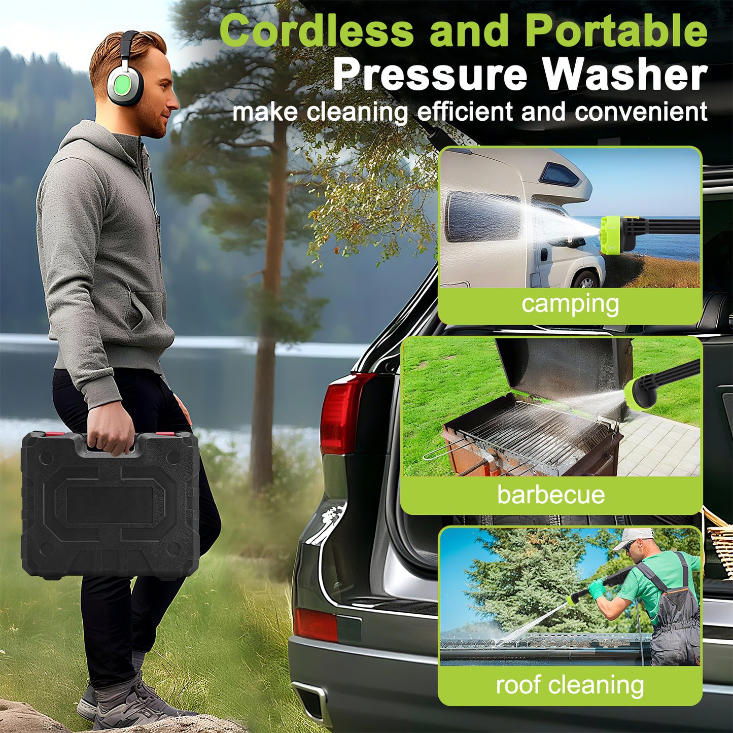 18000mAh 24V Cordless Pressure Washer with 3 Rechargeable Batteries, 16.4FT Water Pipe and 6 In 1 Nozzles Car Power Cleaner Machine, 435PSI