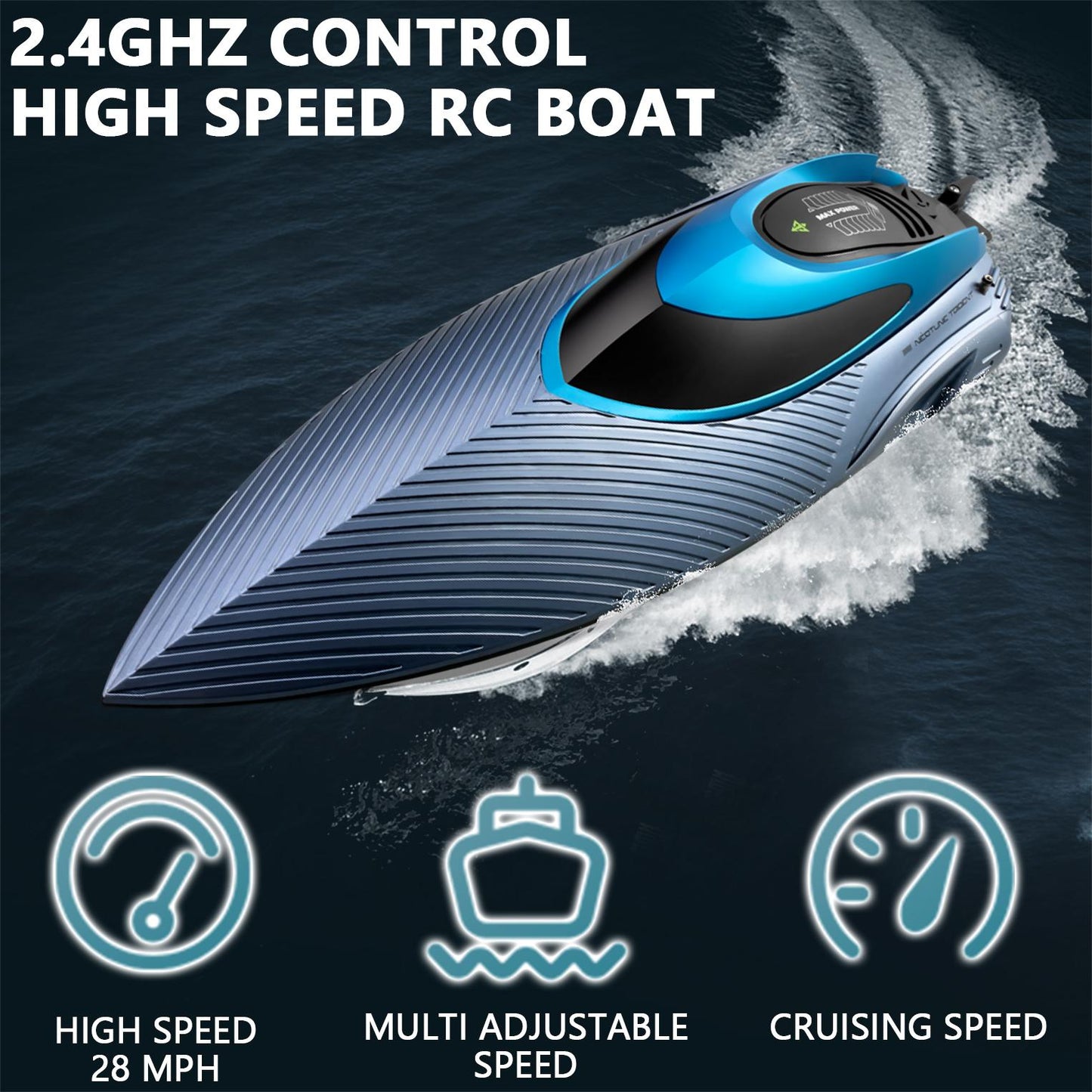 RC Boat 28+ MPH, 2.4 GHz Racing Boats for Adults with 2x1200mAh Rechargeable Batteries, High Speed Fast Remote Control Boat with LED Lights for Pools and Lakes, Pool Toys Water Toys for Age 14+